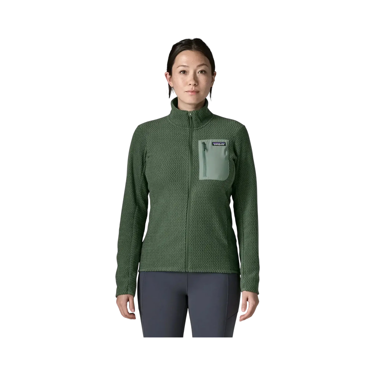 Patagonia W's R1 Air Jkt vert - Veste polaire sur fond transparent - Surfshop Shapers Club House, La Rochelle