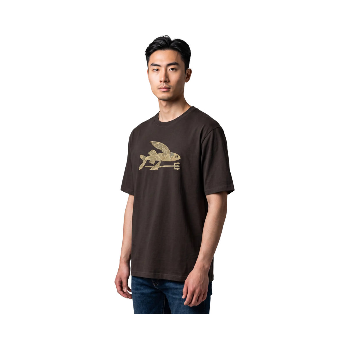 Man wearing a brown Patagonia organic cotton t-shirt with the Flying motif Fish, Surfshop - Shapers Club House