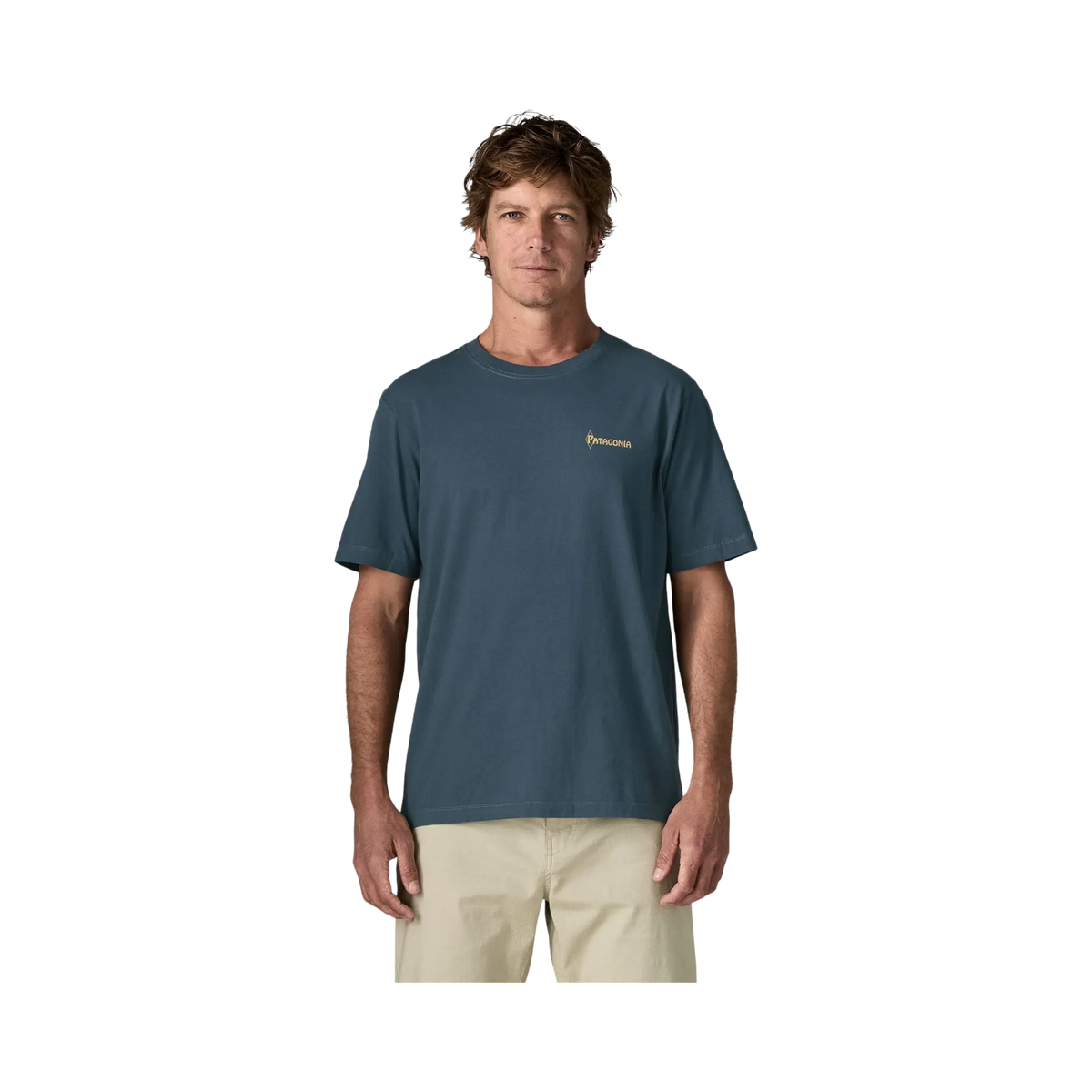 Man wearing a blue Patagonia cotton t-shirt with a logo on the chest, sold by Surfshop - Shapers Club House