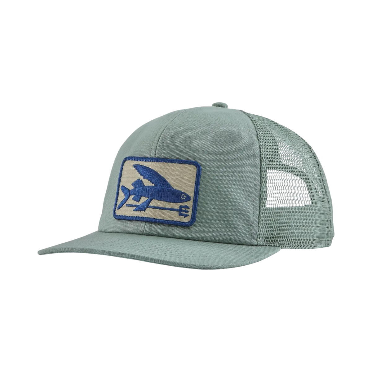 Surfshop trucker cap - Shapers Club House Patagonia Flying Fish Green Sage with back mesh and logo