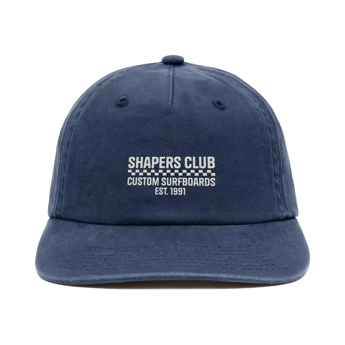 Blue Navy Surfshop baseball cap - Shapers Club House with white embroidered logo on the front