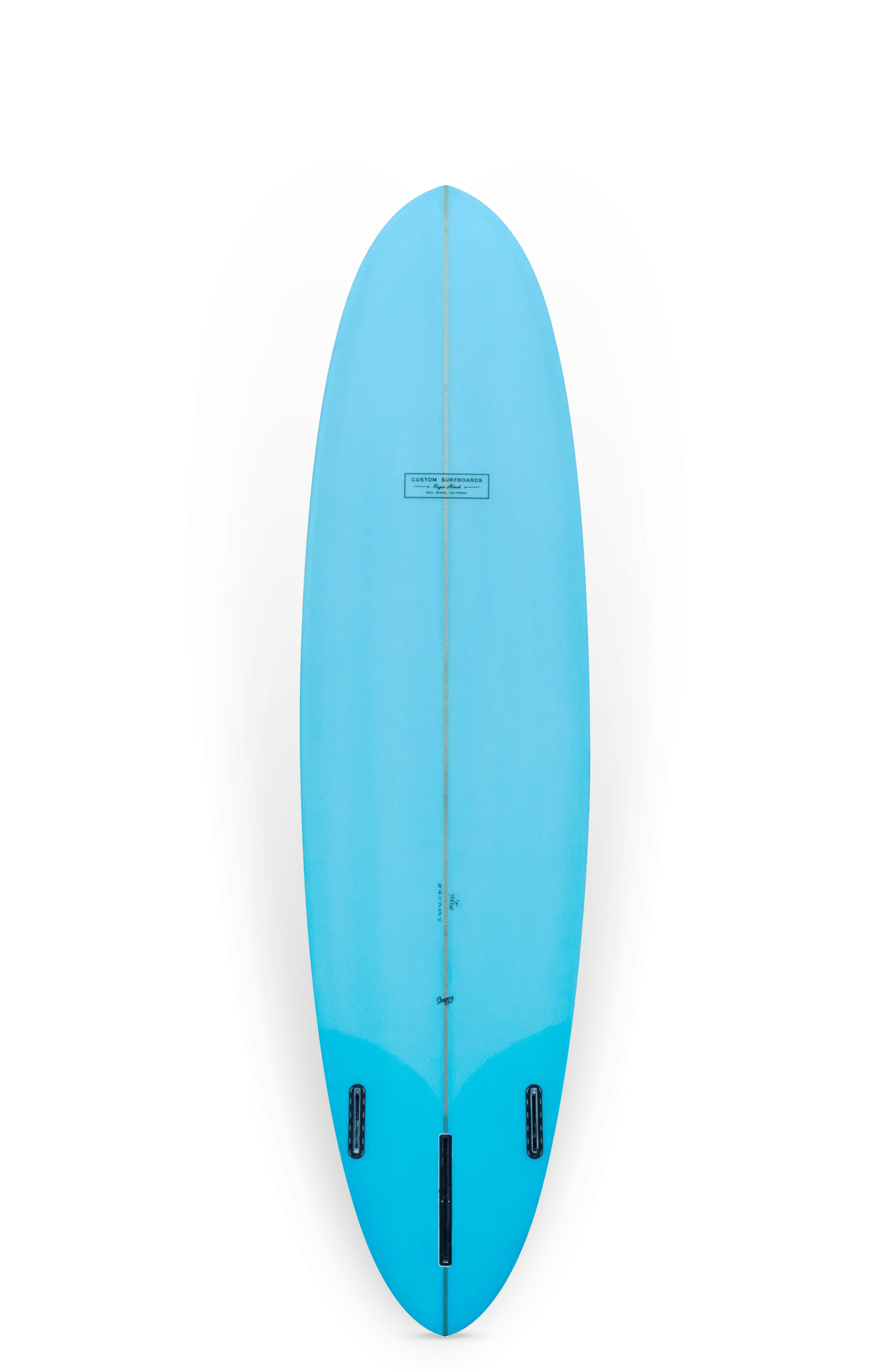 Shapers-Club- Une planche de surf Roger Hinds - Tamago 7'6" x 22" x 2' 7/8", présentant une forme ovale profilée vue de dessus, peinte en bleu. La planche comprend deux ailerons noirs à l'arrière et un petit autocollant ou logo près du centre supérieur. Son design distinctif est mis en valeur sur un fond blanc uni. -surfshop-surfboard
