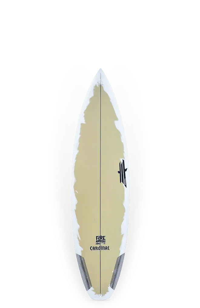 Shapers-Club- La planche de surf « Fire Arrow » présente un centre jaune pâle complété par des bords blancs. Elle comprend un logo minimaliste et le texte « Cardinal ». Avec ses dimensions épurées de 6'1" x 19 3/4" x 2 5/8", cette planche offre une forme symétrique idéale pour le surf, avec un volume de 33 litres. -surfshop-surfboard