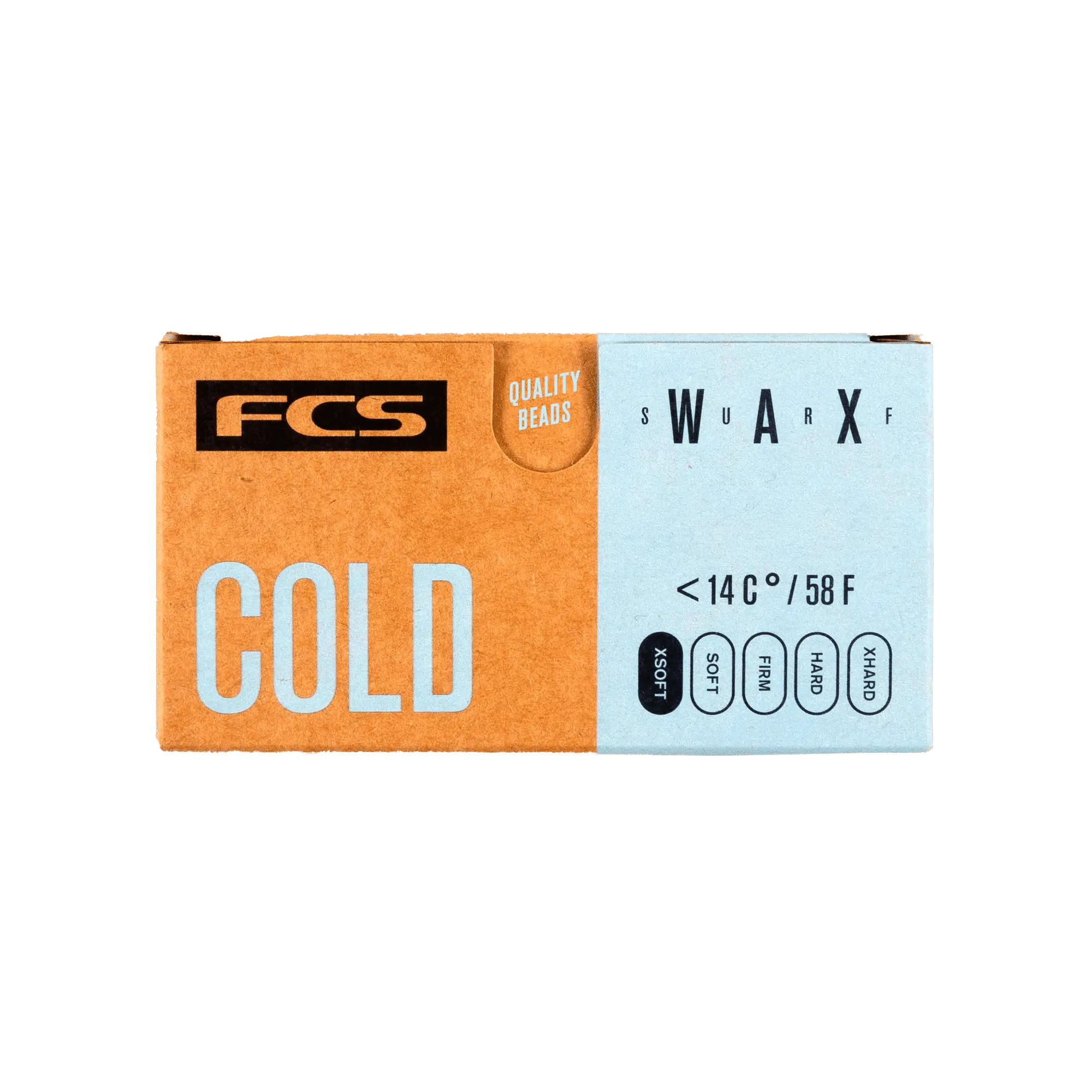 Shapers-Club- Une boîte rectangulaire de FCS - Cire - Froide étiquetée « FROID » en grandes lettres blanches sur fond bleu clair et marron. La boîte indique qu'elle convient aux températures inférieures à 14°C ou 58°F et comporte les mots « PERLES DE QUALITÉ » et « SWARXF ». -surfshop-surfboard