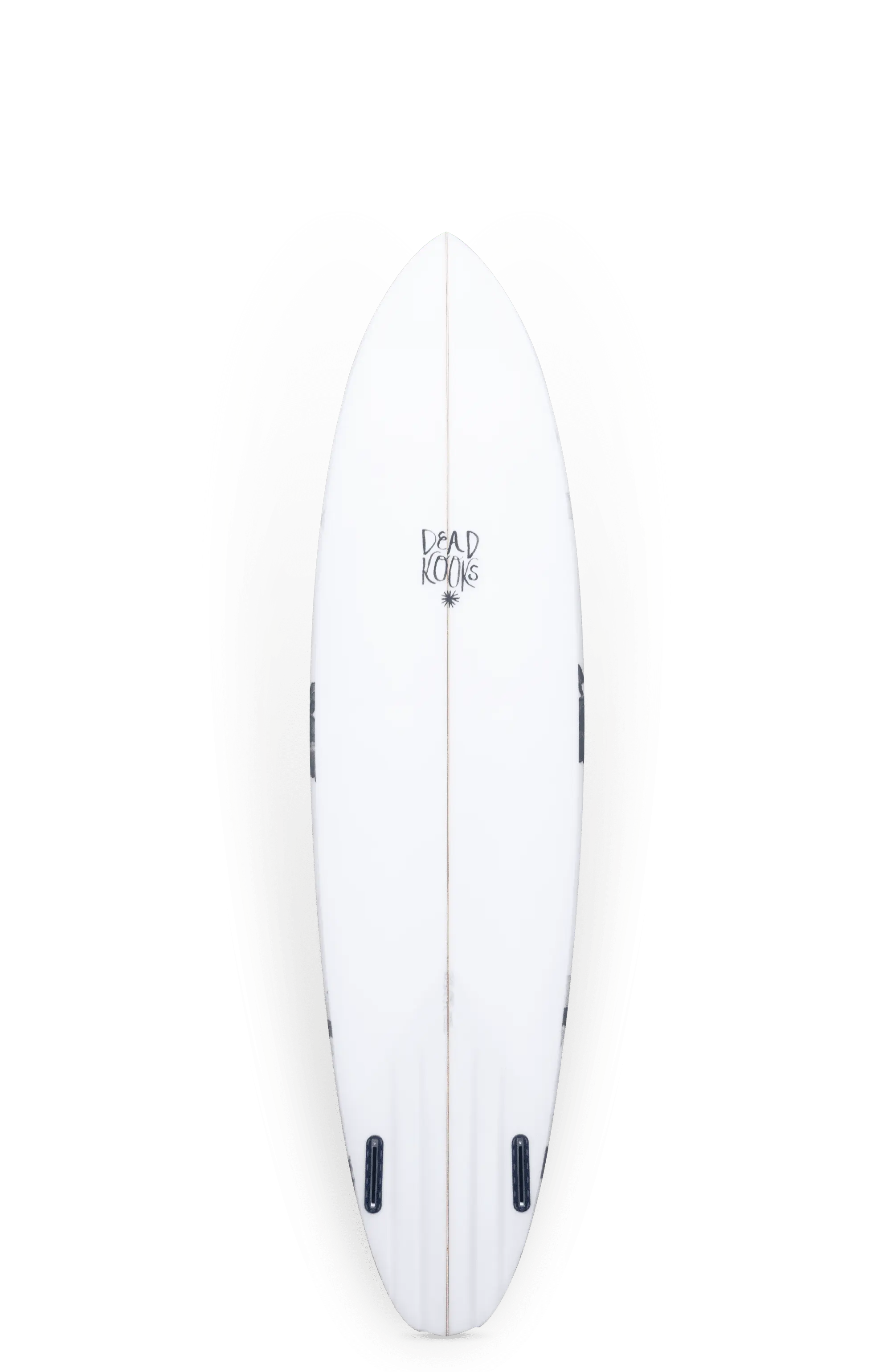 Shapers-Club- La planche de surf Aphex 7'0" x 20' 3/4" x 2' 3/4" présente une surface blanche élégante avec "DEAD KOOKS" en texte noir gras, faisant écho au style avant-gardiste distinctif d'Aphex. Elle présente un nez pointu, deux fentes d'ailerons noires à l'arrière et un accent jaune subtil autour de son contour qui met en valeur sa forme élégante. -surfshop-surfboard