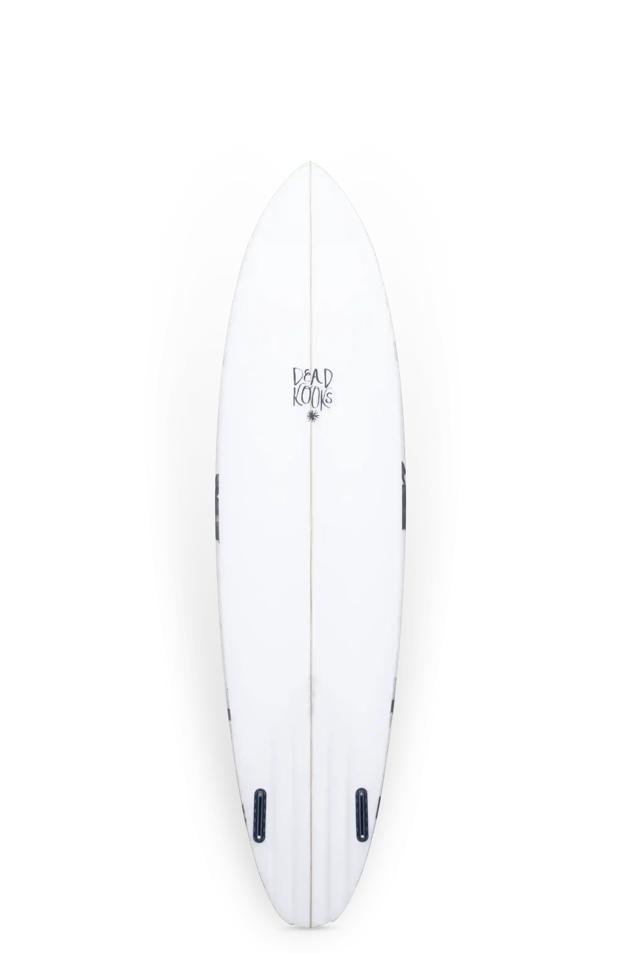 Shapers-Club- La planche de surf Aphex 7'0" x 20' 3/4" x 2' 3/4" présente une surface blanche élégante avec "DEAD KOOKS" en texte noir gras, faisant écho au style avant-gardiste distinctif d'Aphex. Elle présente un nez pointu, deux fentes d'ailerons noires à l'arrière et un accent jaune subtil autour de son contour qui met en valeur sa forme élégante. -surfshop-surfboard