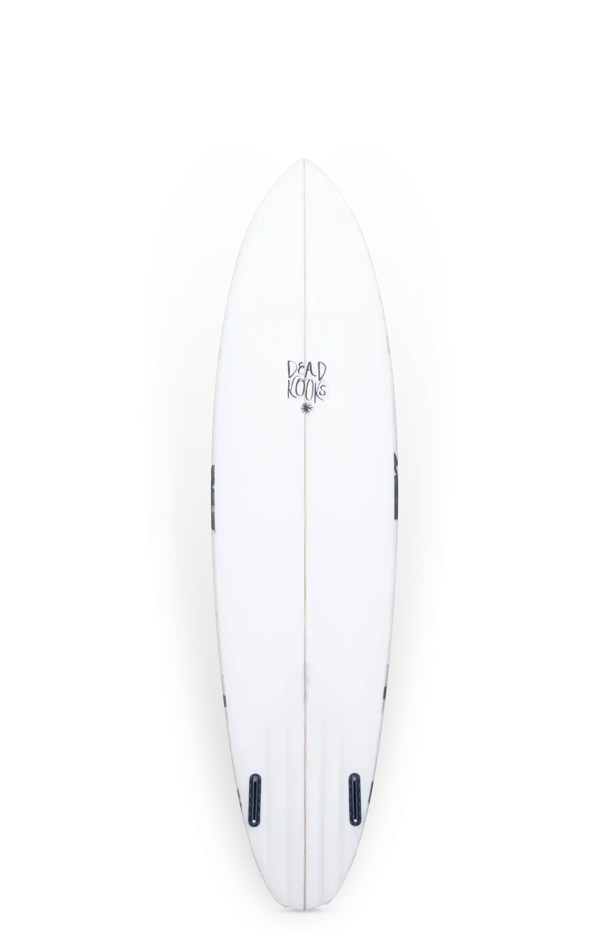 Shapers-Club- Une planche de surf de Dead Kooks, mesurant 6'10" x 20' 3/4" x 2' 3/4", est présentée sur un fond blanc. La planche, inspirée d'Aphex, présente un design épuré et simple avec des fentes pour ailerons en bas. -surfshop-surfboard