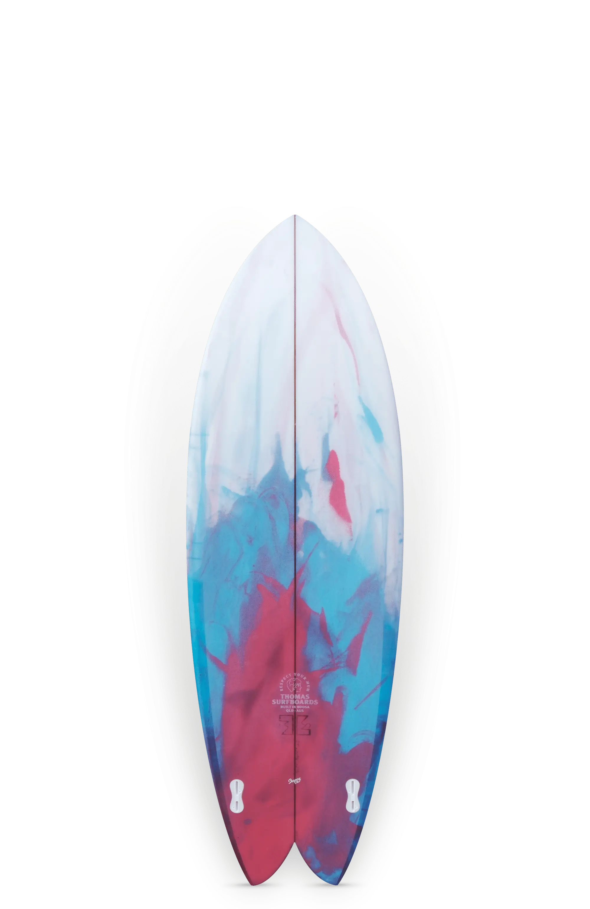Shapers-Club- Une planche de surf Twin Fish aux couleurs vives avec un design marbré rouge, bleu et blanc se dresse sur un fond uni. Sa construction élégante de 5'9" ajoute une touche artistique à la collection de tout amateur de surf. -surfshop-surfboard