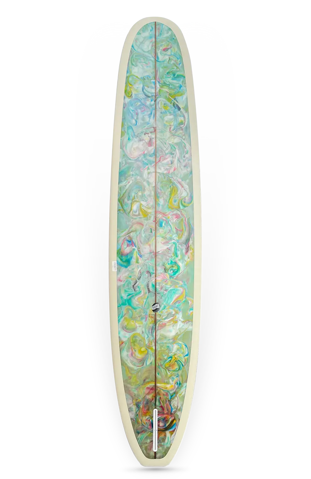 Shapers-Club- La planche de surf « Keeper 2 » présente un motif tourbillonnant psychédélique vert, bleu, jaune et rose avec une seule dérive et un contour blanc. Elle se dresse debout sur un fond uni avec des dimensions de 9'4" x 22' 7/8" x 2' 7/8", invitant à l'admiration et à la curiosité. -surfshop-surfboard
