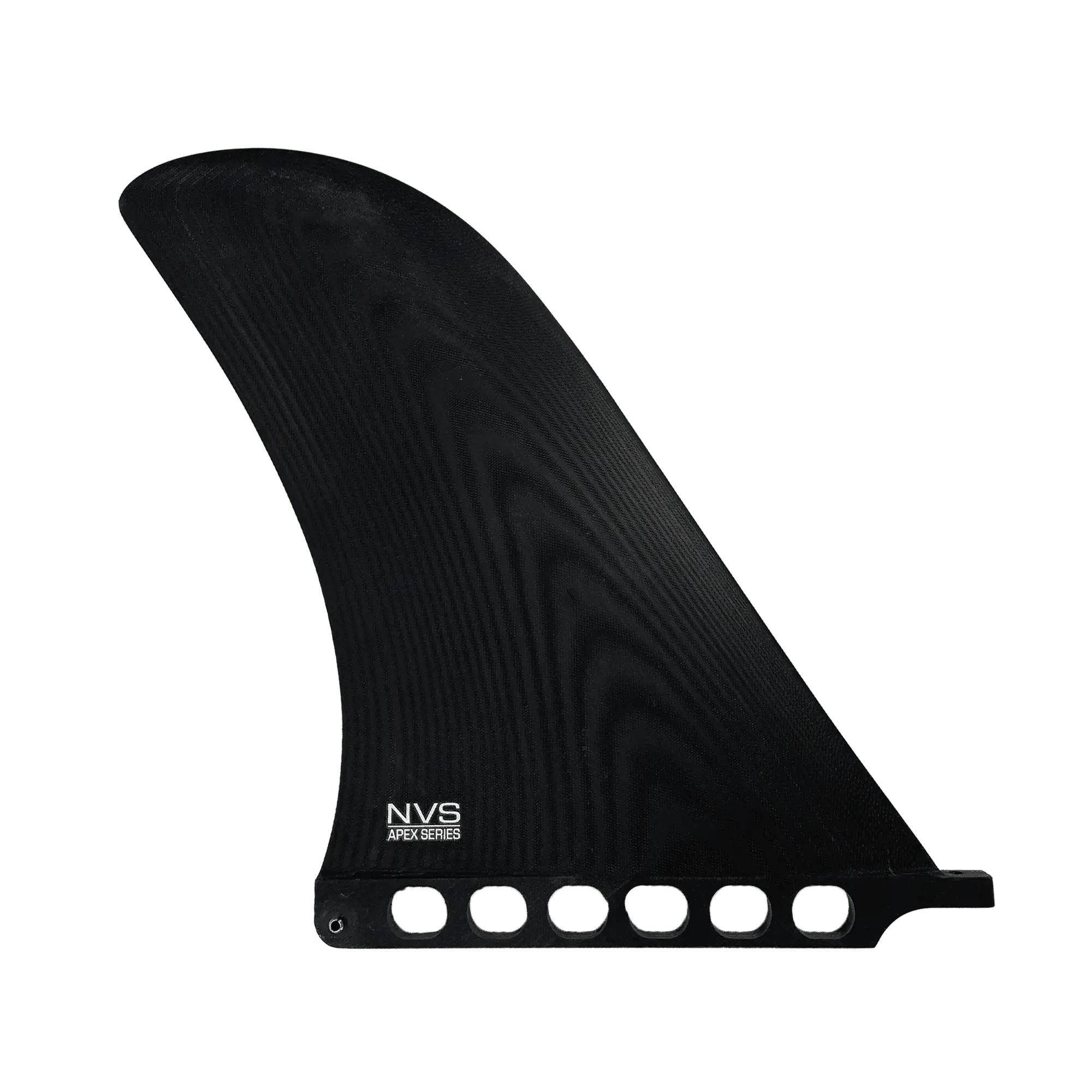 Shapers-Club- L'aileron simple Roger Hinds - Apex - 10,5" de la série NVS Apex est un aileron de planche de surf noir au design incurvé et élégant. Il comporte six trous circulaires près de la base pour le montage et présente une texture subtile avec le nom de la marque imprimé en blanc près de la base. Le fond est transparent, mettant en valeur un savoir-faire rappelant Roger Hinds. -surfshop-surfboard