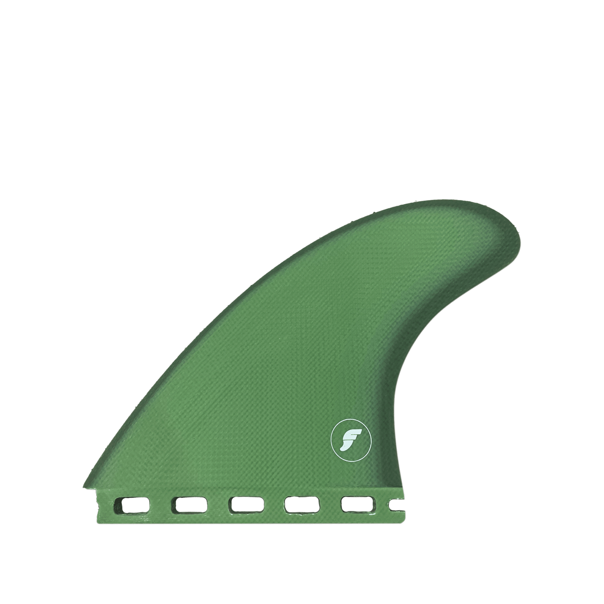 Shapers-Club- Cette image montre une seule dérive verte de planche de surf de la série Futures - Pancho Control - Thruster. La surface texturée présente une base avec des fentes rectangulaires et porte le petit logo blanc de Futures, qui consiste en un cercle avec une lettre stylisée « F » à l'intérieur. L'arrière-plan est transparent. -surfshop-surfboard