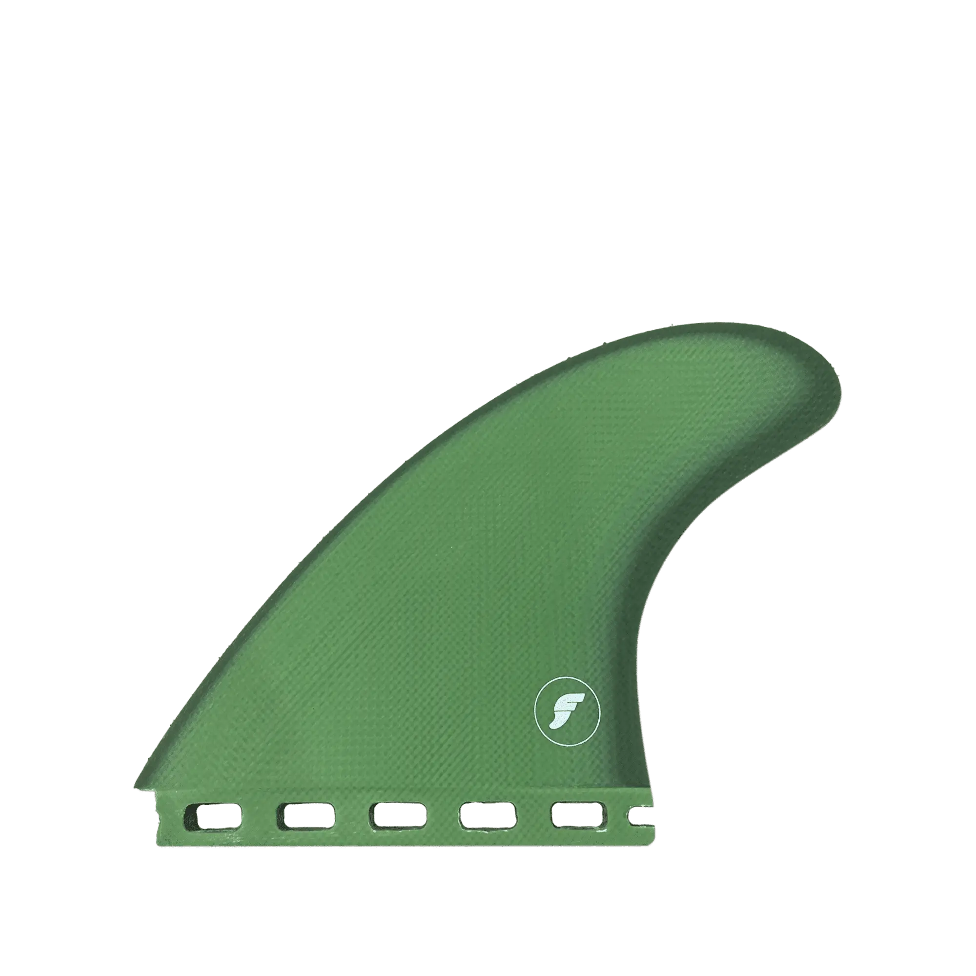 Shapers-Club- Cette image montre une seule dérive verte de planche de surf de la série Futures - Pancho Control - Thruster. La surface texturée présente une base avec des fentes rectangulaires et porte le petit logo blanc de Futures, qui consiste en un cercle avec une lettre stylisée « F » à l'intérieur. L'arrière-plan est transparent. -surfshop-surfboard