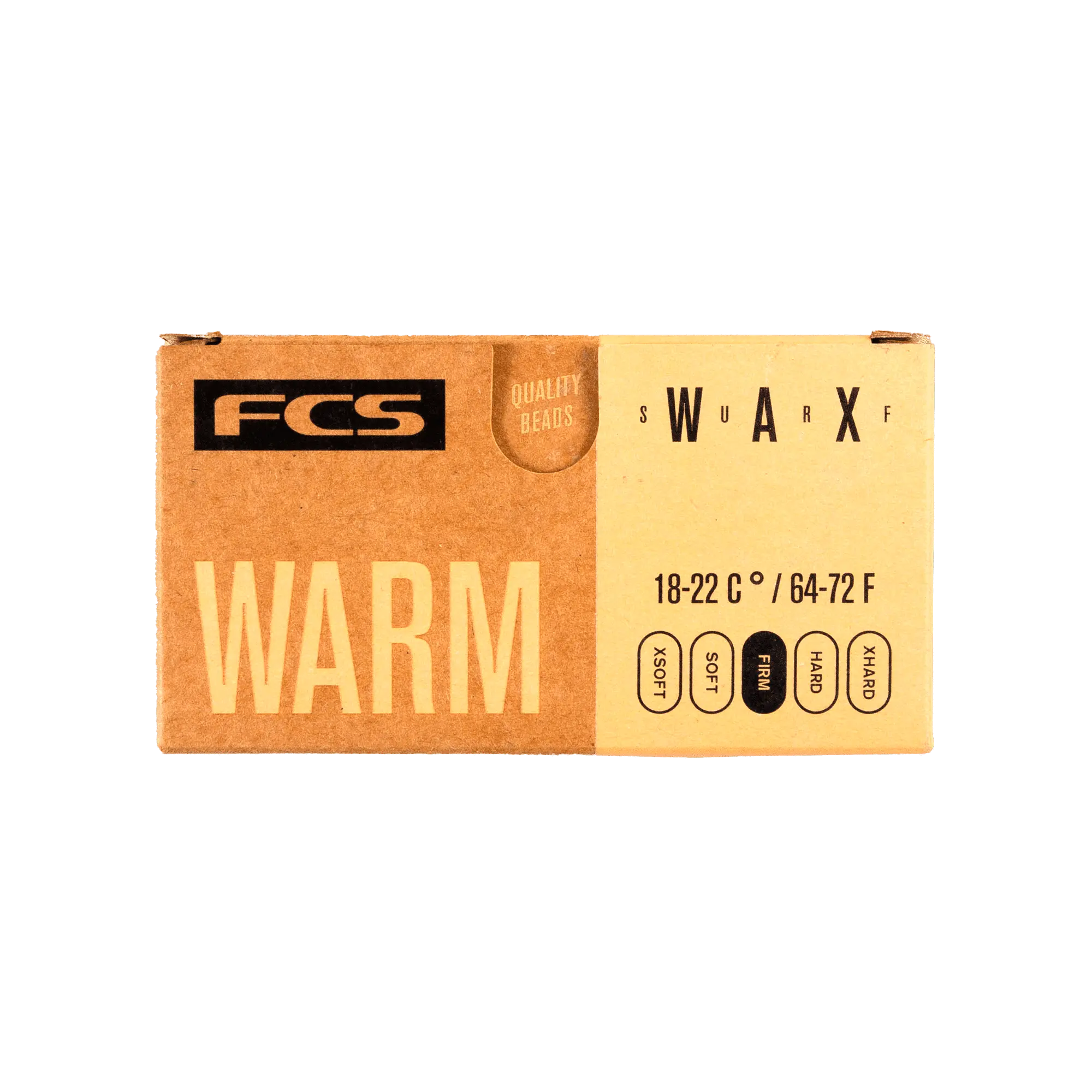 Shapers-Club- Un emballage rectangulaire en carton de la marque FCS - Wax - Warm contient de la cire pour planche de surf adaptée aux températures chaudes comprises entre 18 et 22 °C (64 à 72 °F). Le devant de l'emballage comporte une étiquette indiquant « PERLES DE QUALITÉ » et des détails sur le type de cire et la plage de température. -surfshop-surfboard