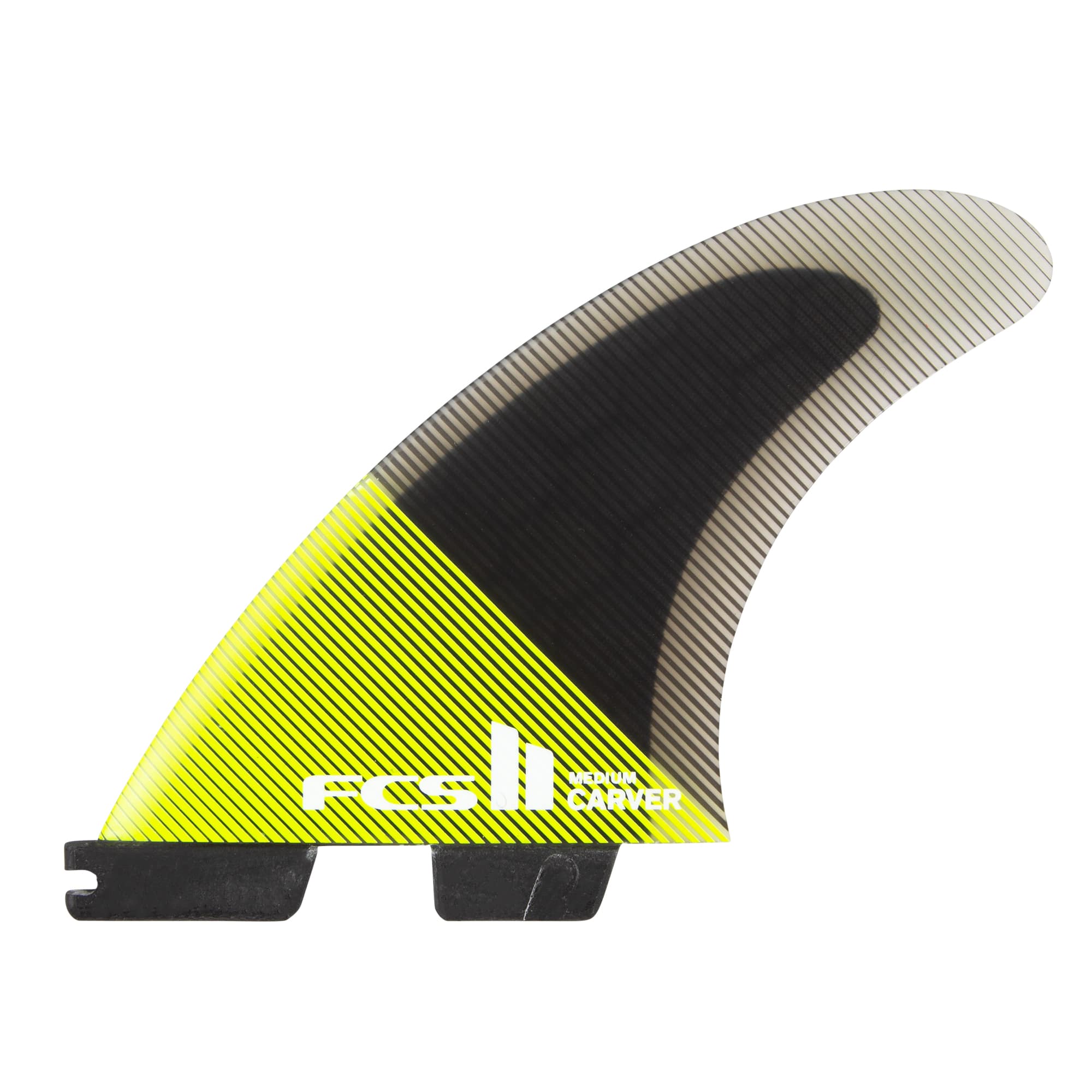 Shapers-Club- Image de l'aileron de surf FCS II - CARVER - THRUSTER (Performance Core) au design moderne. L'aileron est principalement noir et jaune fluo, avec un motif géométrique. Le logo « FCS II » et le texte « Carver » sont imprimés sur l'aileron. Idéal pour une configuration THRUSTER, la base comprend une fente de montage. -surfshop-surfboard