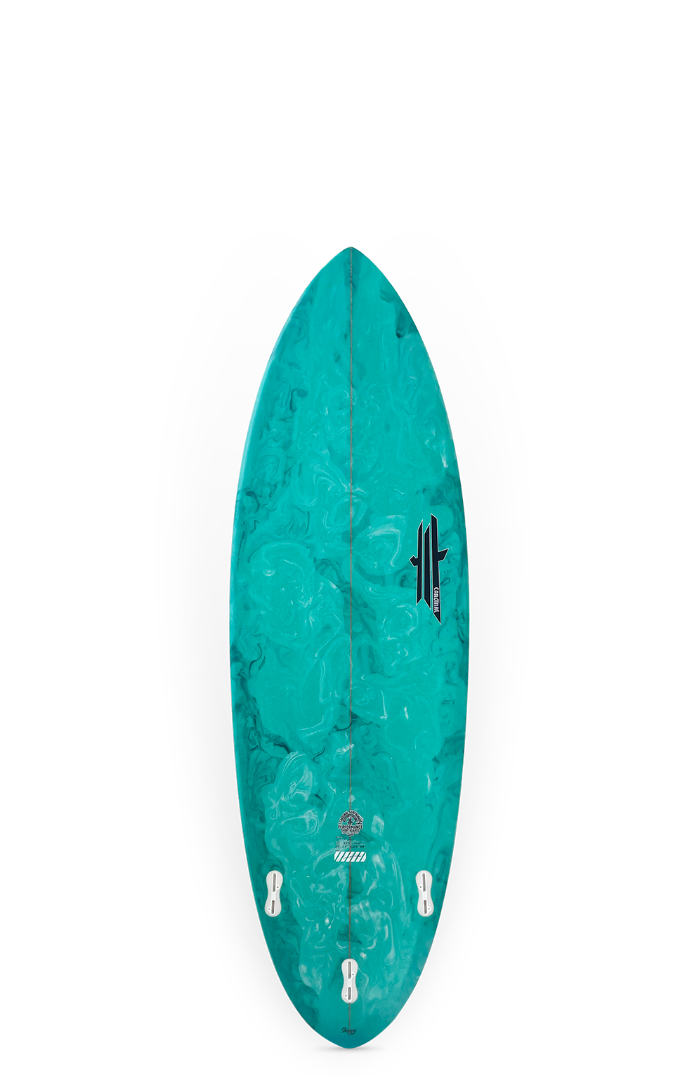 Shapers-Club- La planche de surf Iconic 6'0, en bleu sarcelle et noir, présente un motif marbré avec un logo central. Elle est présentée verticalement, comporte quatre fentes pour ailerons en bas et contient 35 litres de volume. -surfshop-surfboard