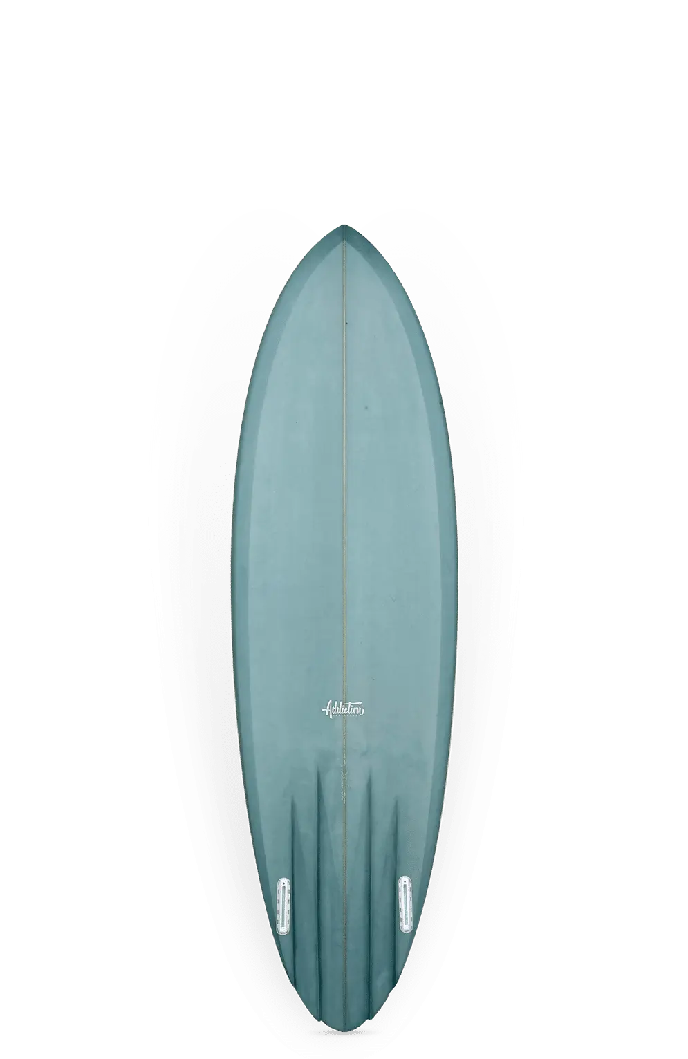 Shapers-Club- La planche de surf Clincher 6'4" x 20 1/2" x 2 3/4" (39,5L) avec trois ailerons se tient debout sur un fond blanc, projetant une ombre grise et noire symétrique autour d'elle. -surfshop-surfboard
