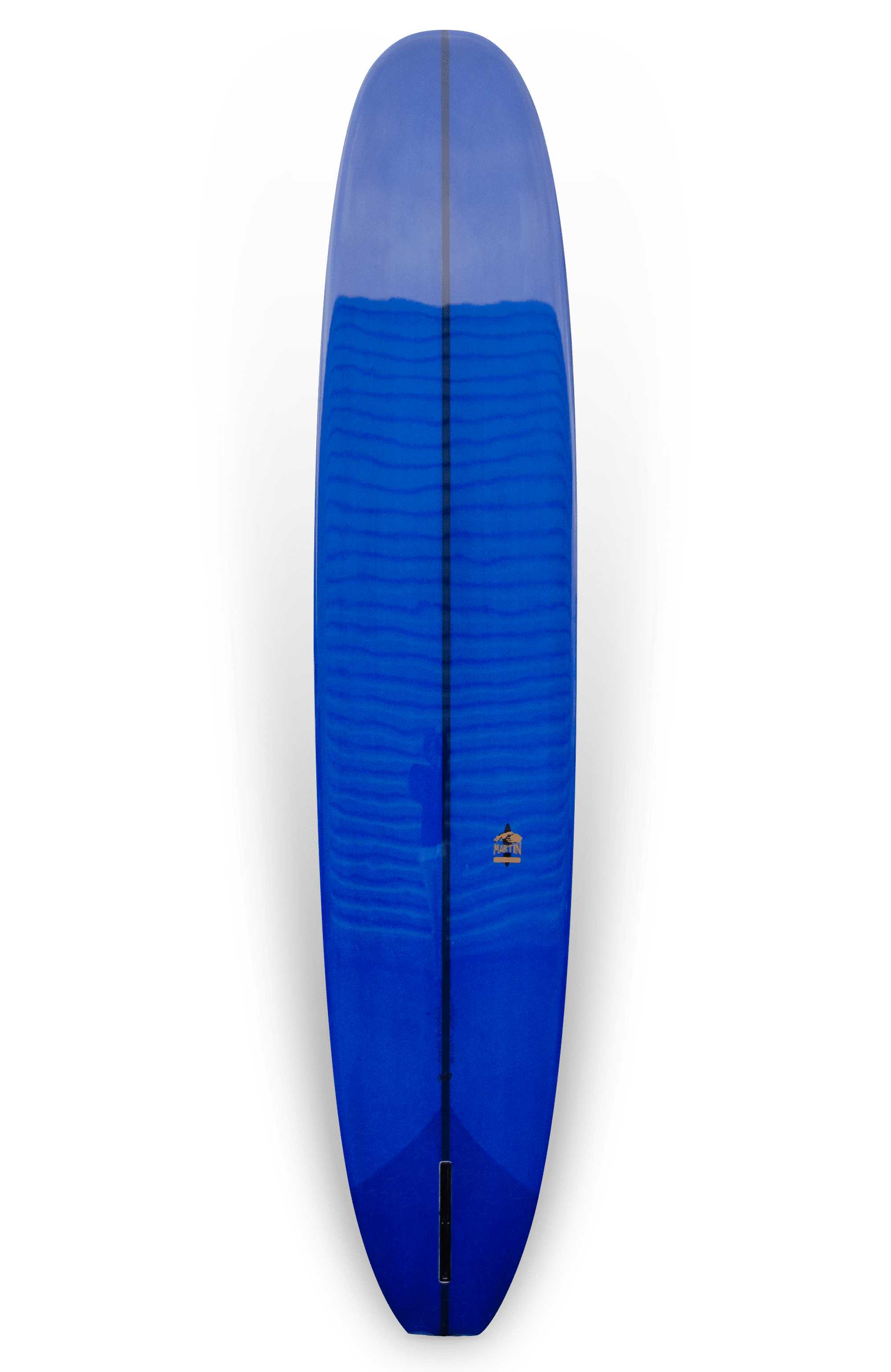 Shapers-Club- Une vue plongeante sur la planche de surf The Classic 9'6" x 23" x 3' 3/4" de Roger Hinds révèle une apparence lumineuse avec sa bordure blanche et jaune délavée sur les bords. La surface bleue présente une finition brillante, réfléchissant la lumière et affichant un petit emblème ou logo près du centre, révélateur du savoir-faire de Roger Hinds. -surfshop-surfboard