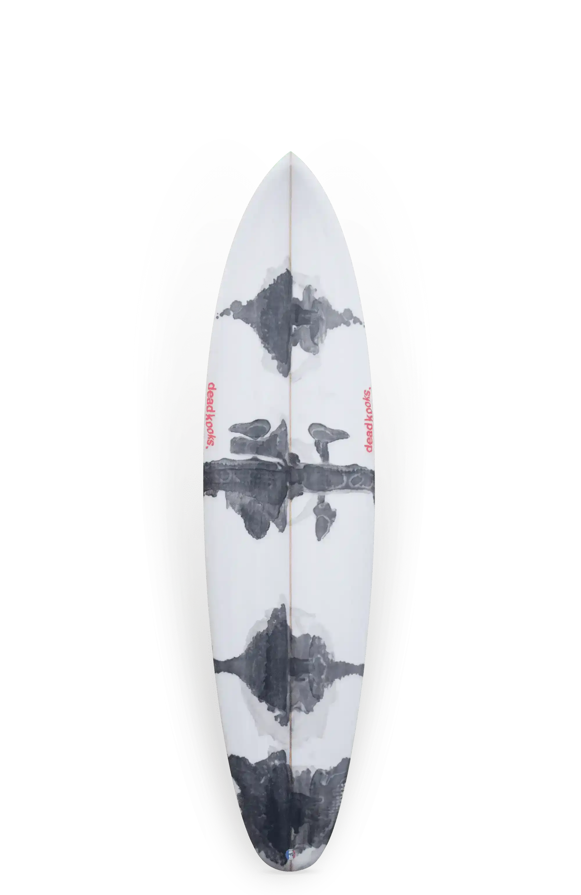 Shapers-Club- Une planche de surf Aphex personnalisée mesurant 6'10" x 20' 3/4" x 2' 3/4", présentant des motifs abstraits en noir et blanc avec du texte rouge sur les côtés, est exposée verticalement. Son design, rappelant l'art d'Aphex, présente des motifs ressemblant à des taches d'encre. -surfshop-surfboard