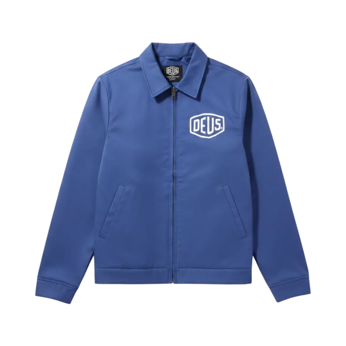 Veste de travail bleue Surfshop - Shapers Club House DEUS avec fermeture éclair et logo blanc sur la poitrine