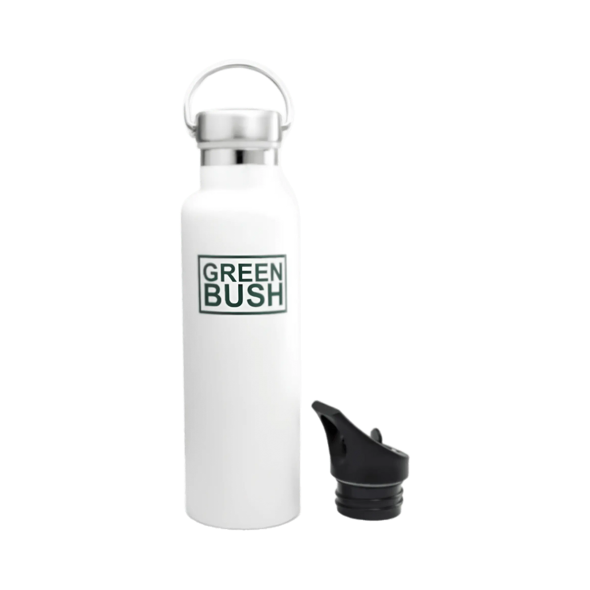 Shapers-Club- La GOURDE GREENBUSH - STANDARD - 621ML features an elegant white steel design, displaying "GREEN BUSH" in green letters prominently and topped with an elegant silver cap. Next to it is a black screw cap with a spout. This sophisticated water bottle is ideal for people who appreciate both style and functionality on a plain white background. -surfshop-surfboard
