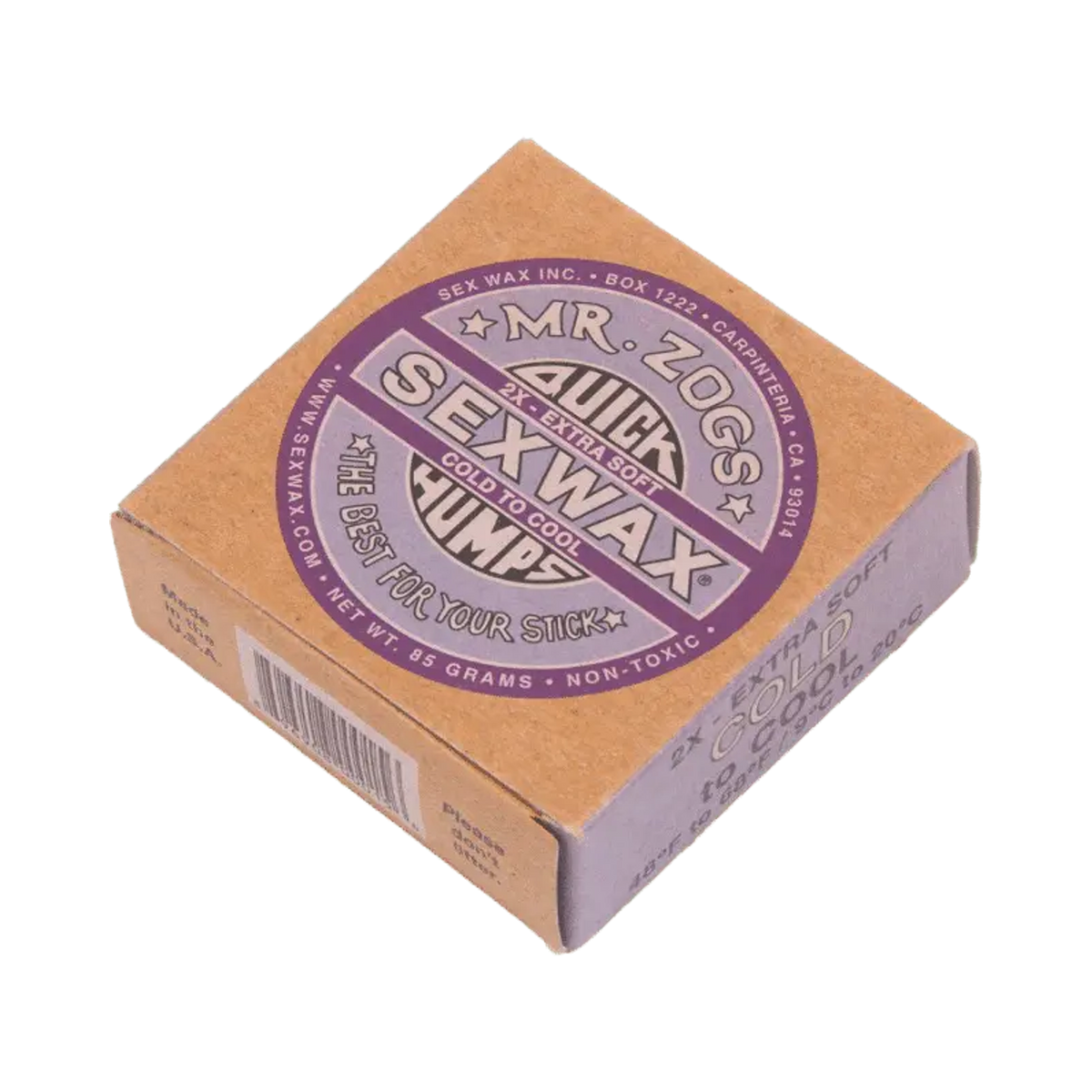 Shapers-Club- Une boîte carrée en carton contenant « Sexwax - Cold » dans une formule extra douce à basse température. La boîte beige comporte des étiquettes violettes et noires avec un texte et une marque clairs. Ce produit non toxique pèse 85 grammes. -surfshop-surfboard