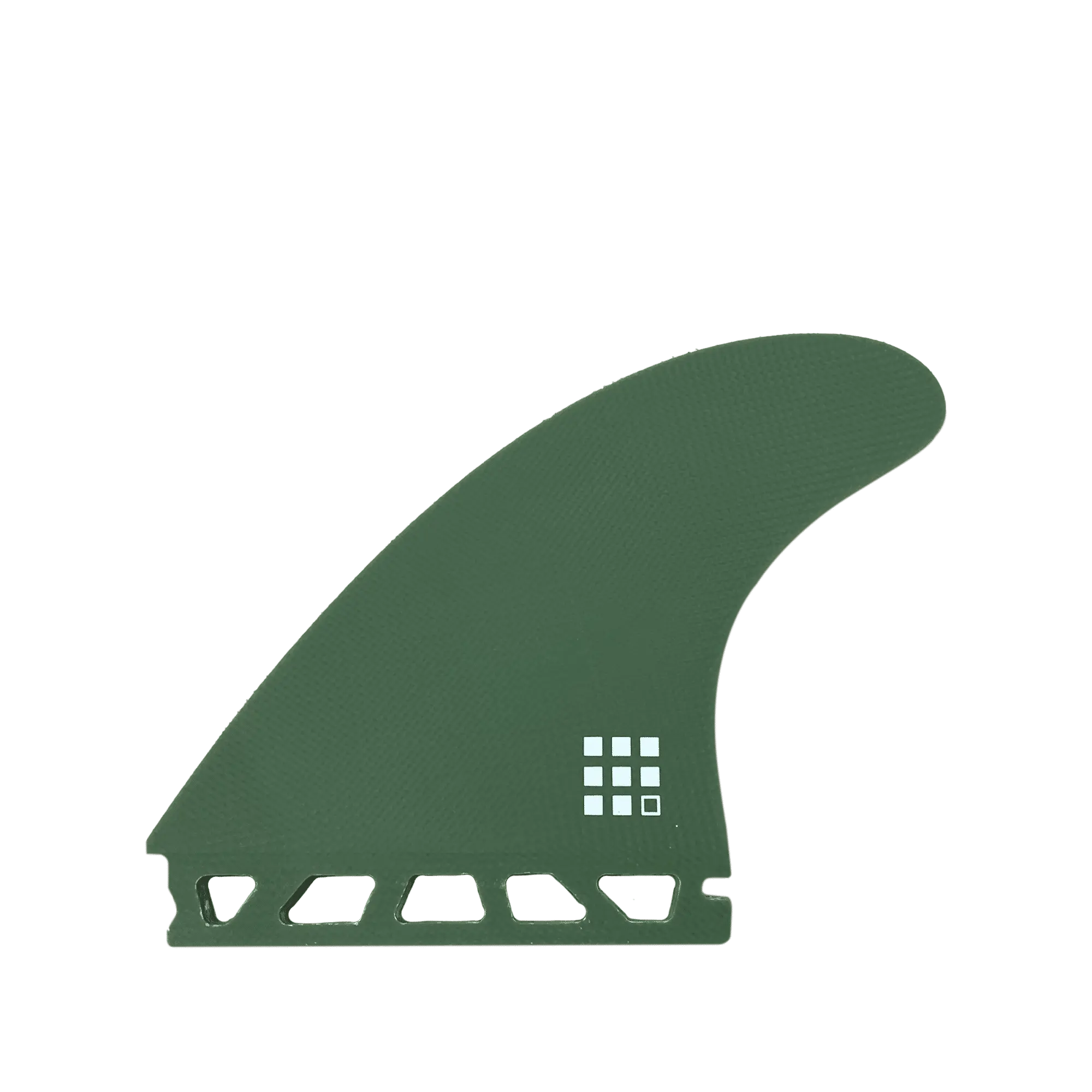 Shapers-Club- Une dérive de propulseur Futures Pancho Control Series verte avec un petit logo blanc en forme de grille près de sa base. La surface texturée de la dérive est légèrement incurvée, avec une base avec plusieurs sections découpées. Le fond est uni et vert clair. -surfshop-surfboard