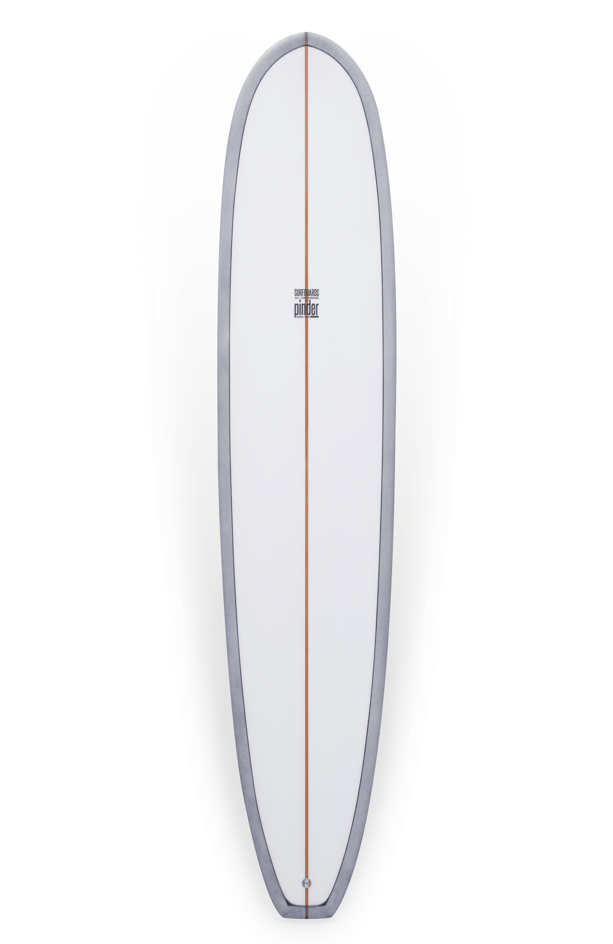 Shapers-Club- Une planche de surf blanche du modèle Joel de Pinder Hawaii (9'7" x 23" x 3' 1/8"), avec un contour noir et une bande orange au centre, est présentée sur un fond uni. Le logo "Album Surf" est bien visible près du centre supérieur de cette planche méticuleusement conçue. -surfshop-surfboard