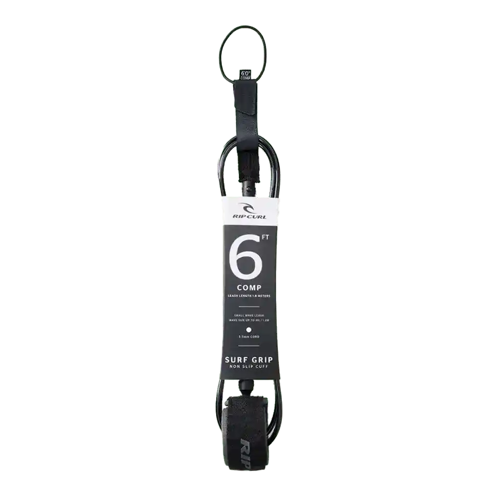 Shapers-Club- L'image présente le 6.0 COMP LEASH SURF GRIP, idéal pour les amateurs de surf. Il est proposé dans un design noir et blanc élégant, avec une structure spiralée et une sangle velcro pour assurer une prise sûre autour de la cheville. -surfshop-surfboard