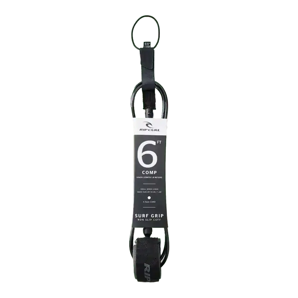 Shapers-Club- L'image présente le 6.0 COMP LEASH SURF GRIP, idéal pour les amateurs de surf. Il est proposé dans un design noir et blanc élégant, avec une structure spiralée et une sangle velcro pour assurer une prise sûre autour de la cheville. -surfshop-surfboard