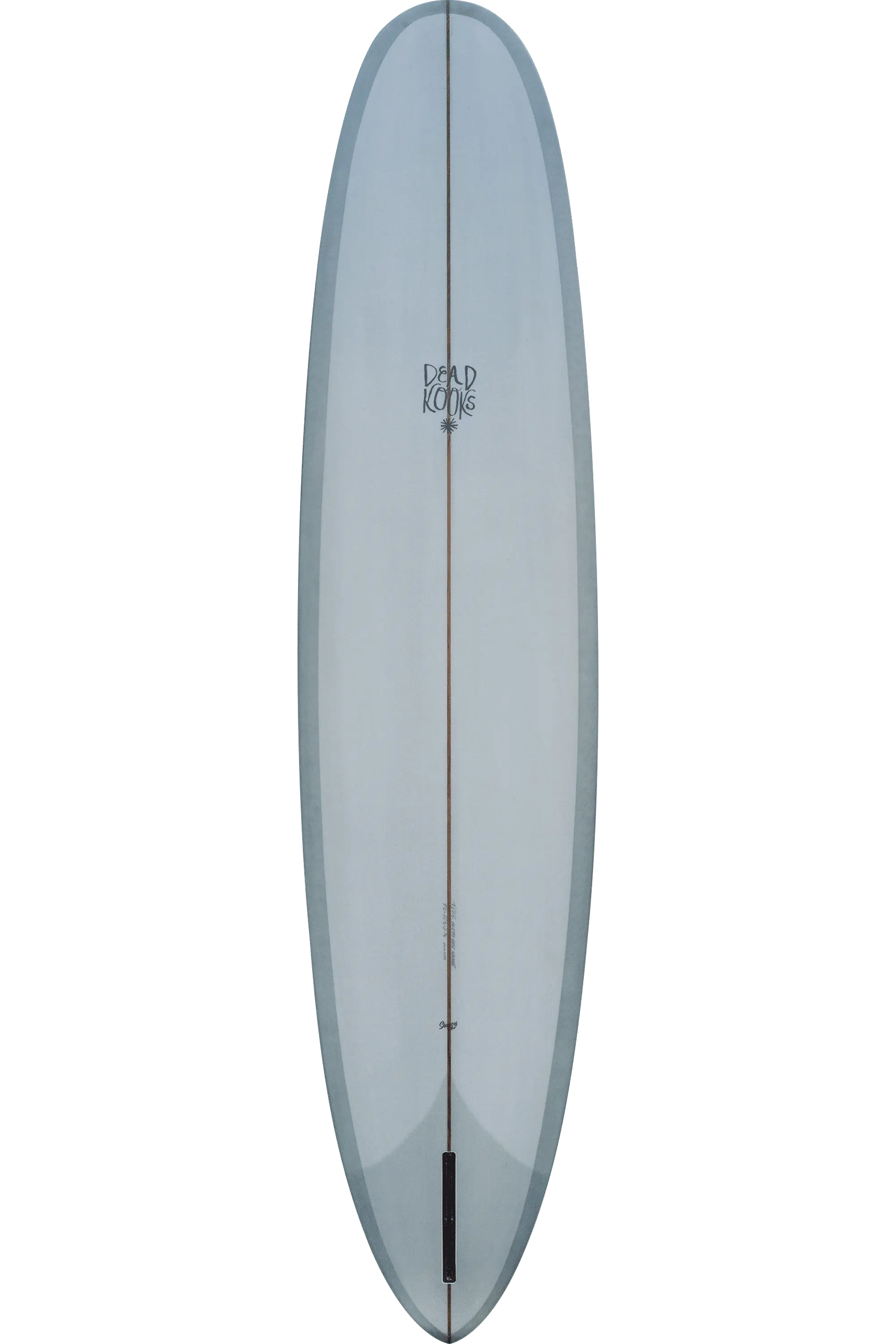 Shapers-Club- Une vue de dessus de la planche de surf Dead Kooks Guerrero 9'6" x 23" x 3" présente un pont blanc et une dérive noire étroite. Sa forme ovale élégante et allongée est accentuée par une seule corde en bois qui descend au centre. Le logo "Dead Kooks" est bien visible près du haut de la planche. -surfshop-surfboard