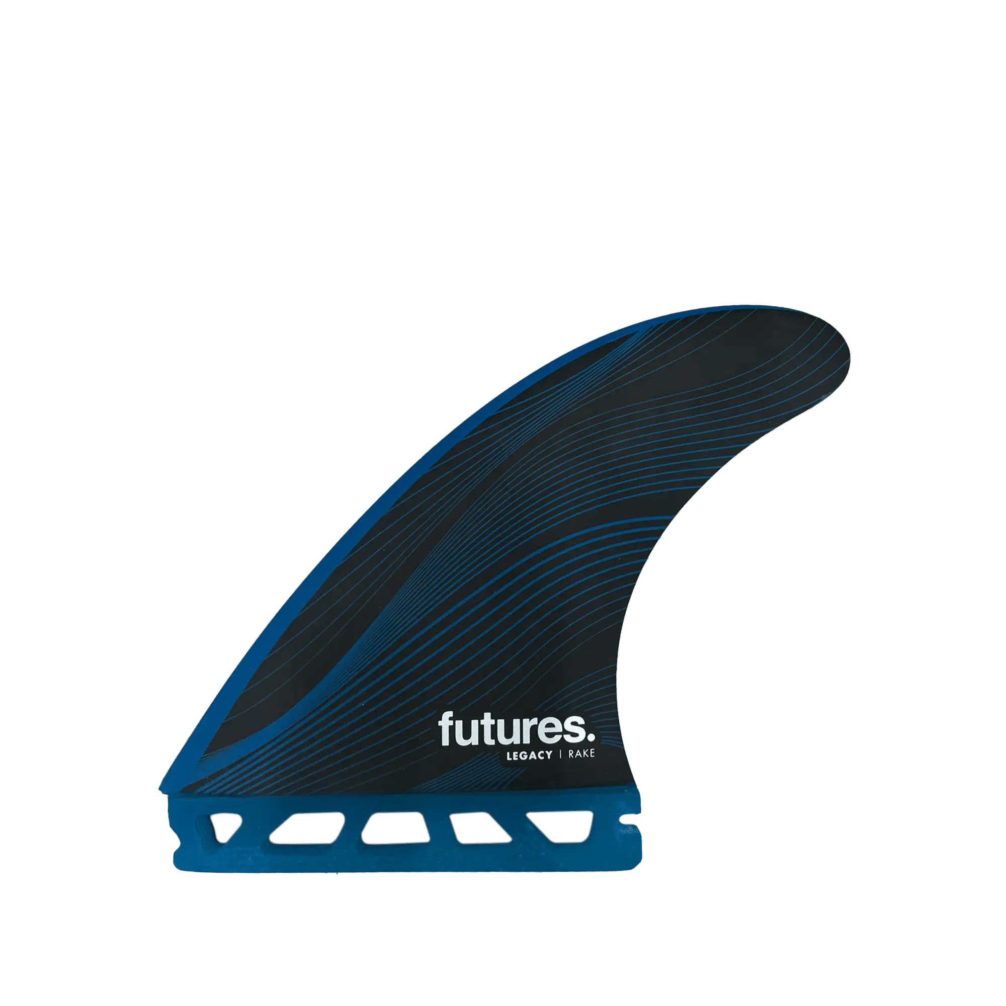 Shapers-Club- Un aileron de planche de surf bleu et noir unique au design moderne et incurvé et aux motifs géométriques découpés à la base. L'aileron de la série Honeycomb Legacy, nommé « R6 RTM - Legacy series - Honeycomb - Thruster Rake », porte les mots « futures. LEGACY | R4/HE » imprimés sur son côté. Le fond est transparent. -surfshop-surfboard