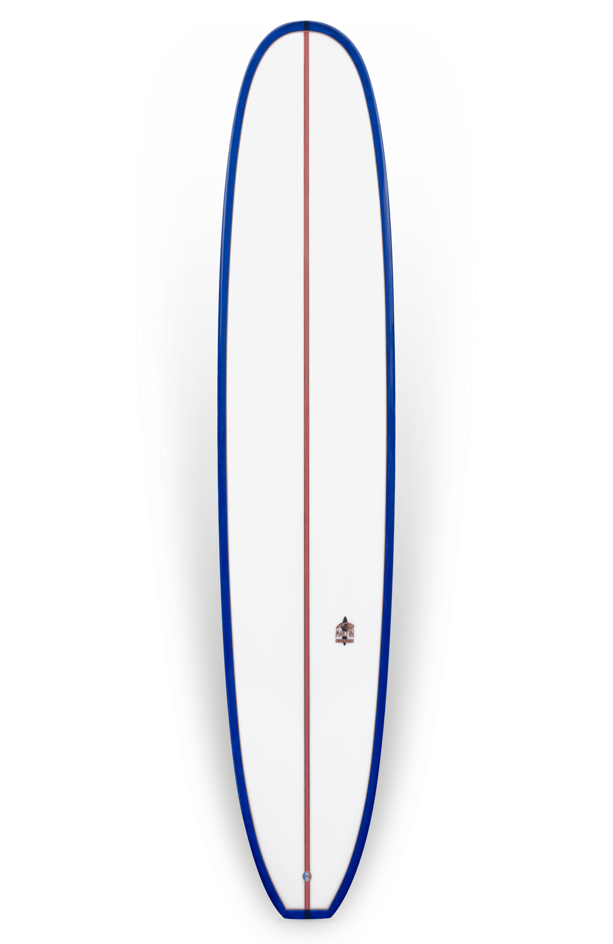 Shapers-Club- La planche de surf Roger Hinds - The Classic 9'6" x 23" x 3' 3/4" présente un design intemporel avec sa finition blanche, accentuée par une bande verticale rouge bordée de bleu. Le contour en forme d'œuf présente des extrémités légèrement pointues et un petit logo est positionné près du centre inférieur. -surfshop-surfboard