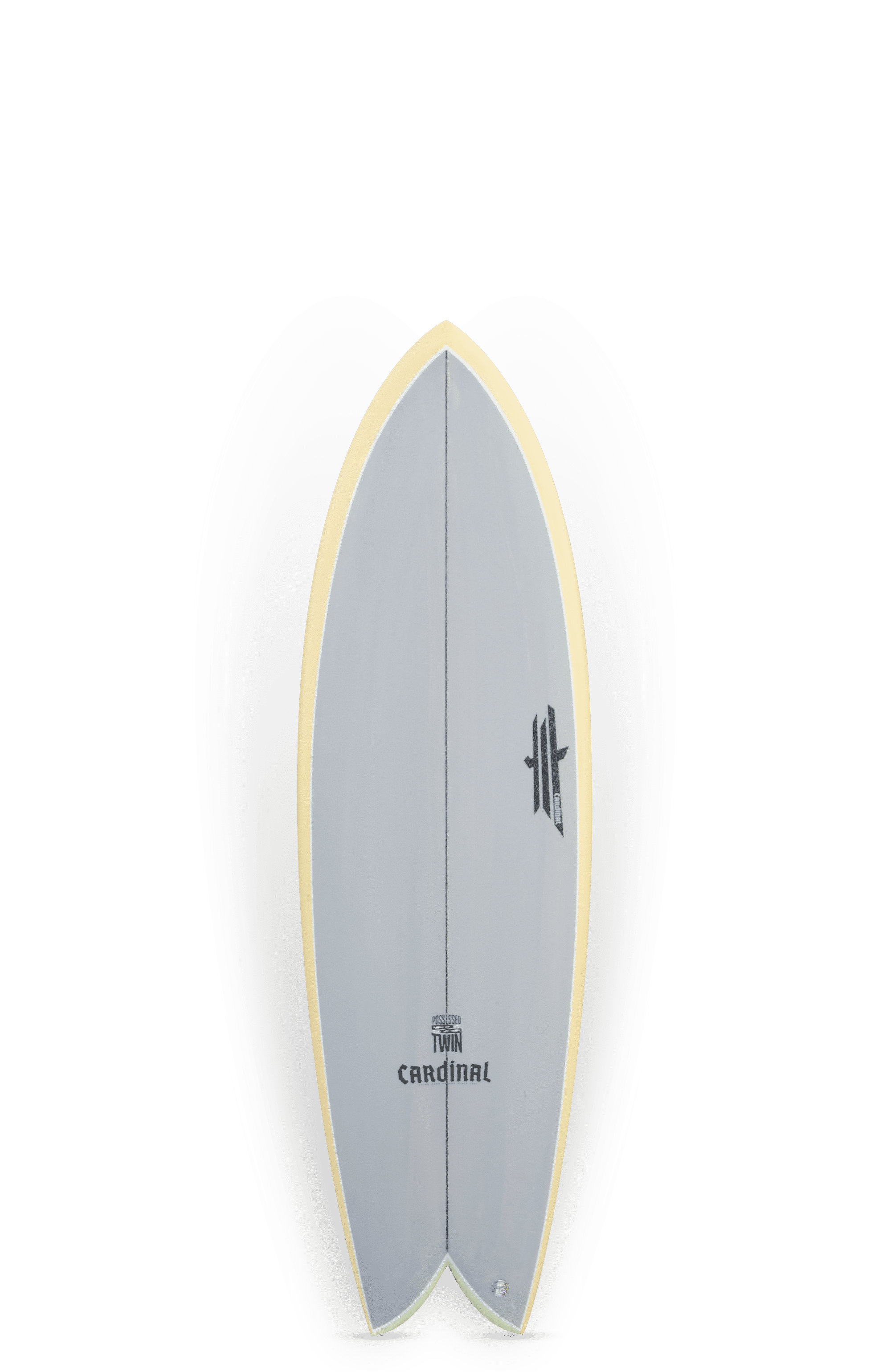 Shapers-Club- Une planche de surf Roger Hinds Classic à double aileron, mesurant 9'6" x 23" x 3' 3/4", avec un pont gris et des rails jaune pâle. La planche comporte le logo « TWIN » près du haut et « CARDINAL » à côté de la signature de Roger Hinds près du bas. Elle a une forme de queue d'hirondelle et est présentée à la verticale sur un fond blanc. -surfshop-surfboard