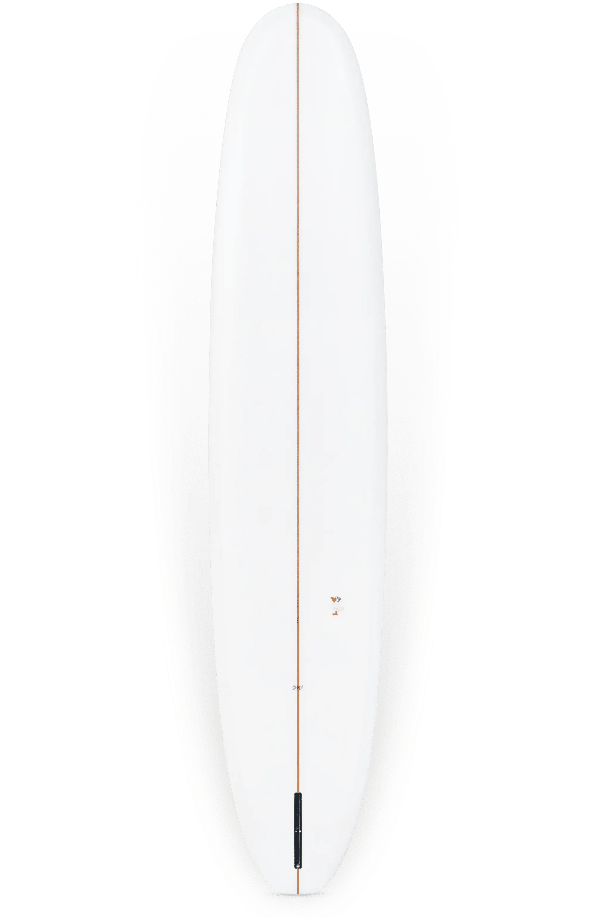 Shapers-Club- La planche de surf Barrett Miller Springfield mesure 9'9" x 23" x 3" et présente un design épuré et minimaliste. Cette planche de surf blanche présente une seule fine bande qui s'étend dans le sens de la longueur au centre et un petit logo près du milieu. La queue est arrondie et la planche a une finition élégante. -surfshop-surfboard