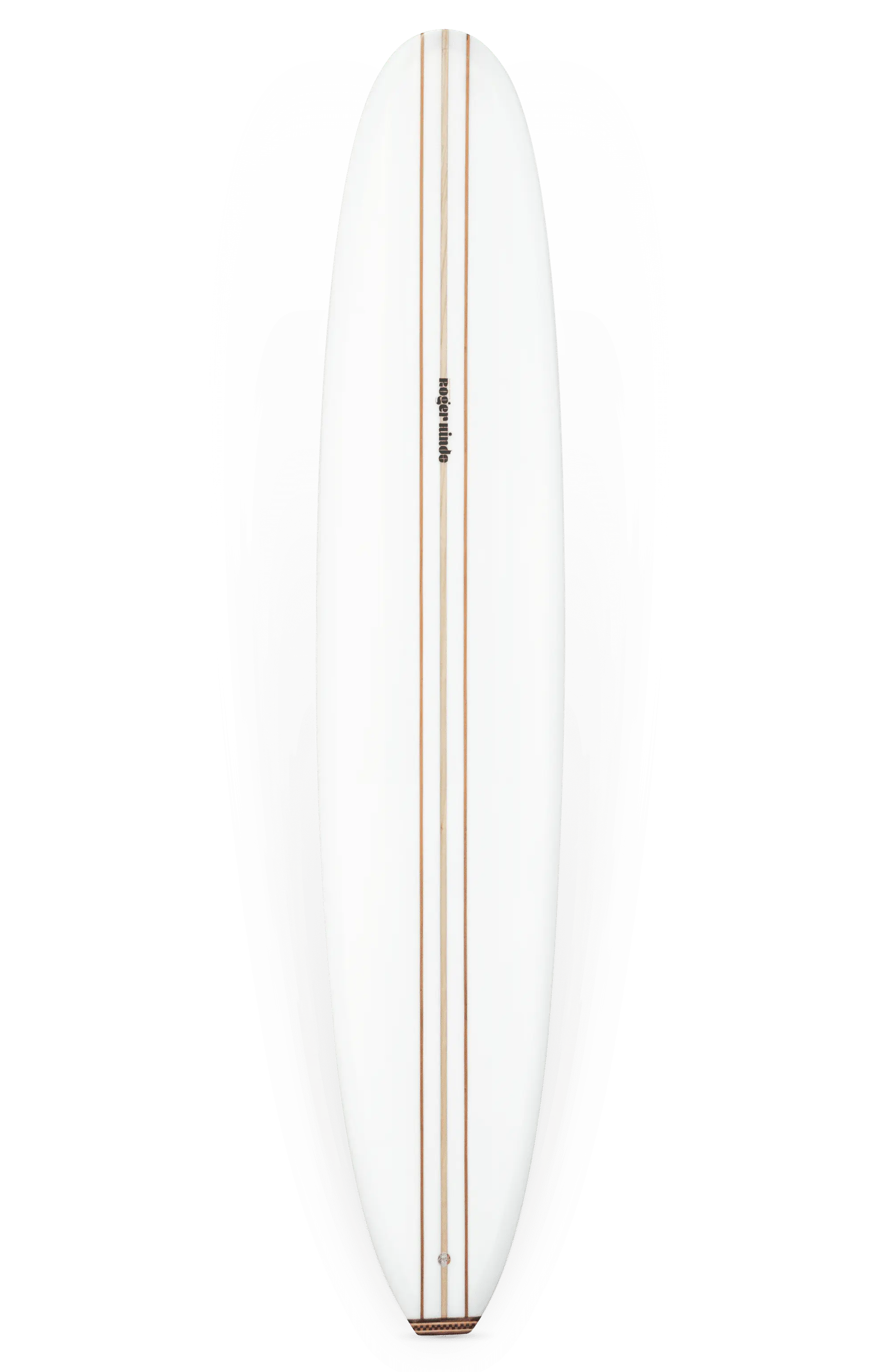 Shapers-Club- La planche de surf modèle Joel de Pinder Hawaii, mesurant 9'7" x 23" x 3' 1/8", présente une finition blanche avec deux longerons en bois marron qui descendent au centre de haut en bas. Le mot "Haydenshapes" est imprimé près du haut en petites lettres noires. Cette planche de surf, qui ressemble aux modèles vus chez Pinder Hawaii, a un nez et une queue arrondis et est affichée verticalement. -surfshop-surfboard