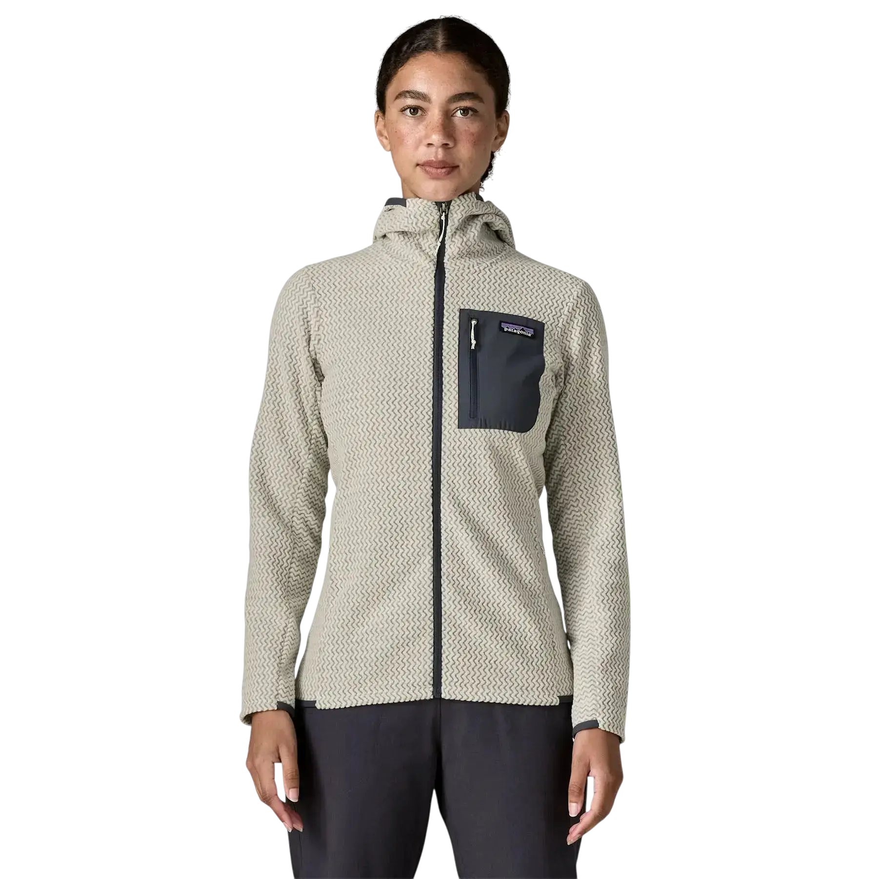 Patagonia W's R1 Air Full-Zip Hoody blanc - Sweat a capuche zippe sur fond transparent - Surfshop Shapers Club House, La Rochelle