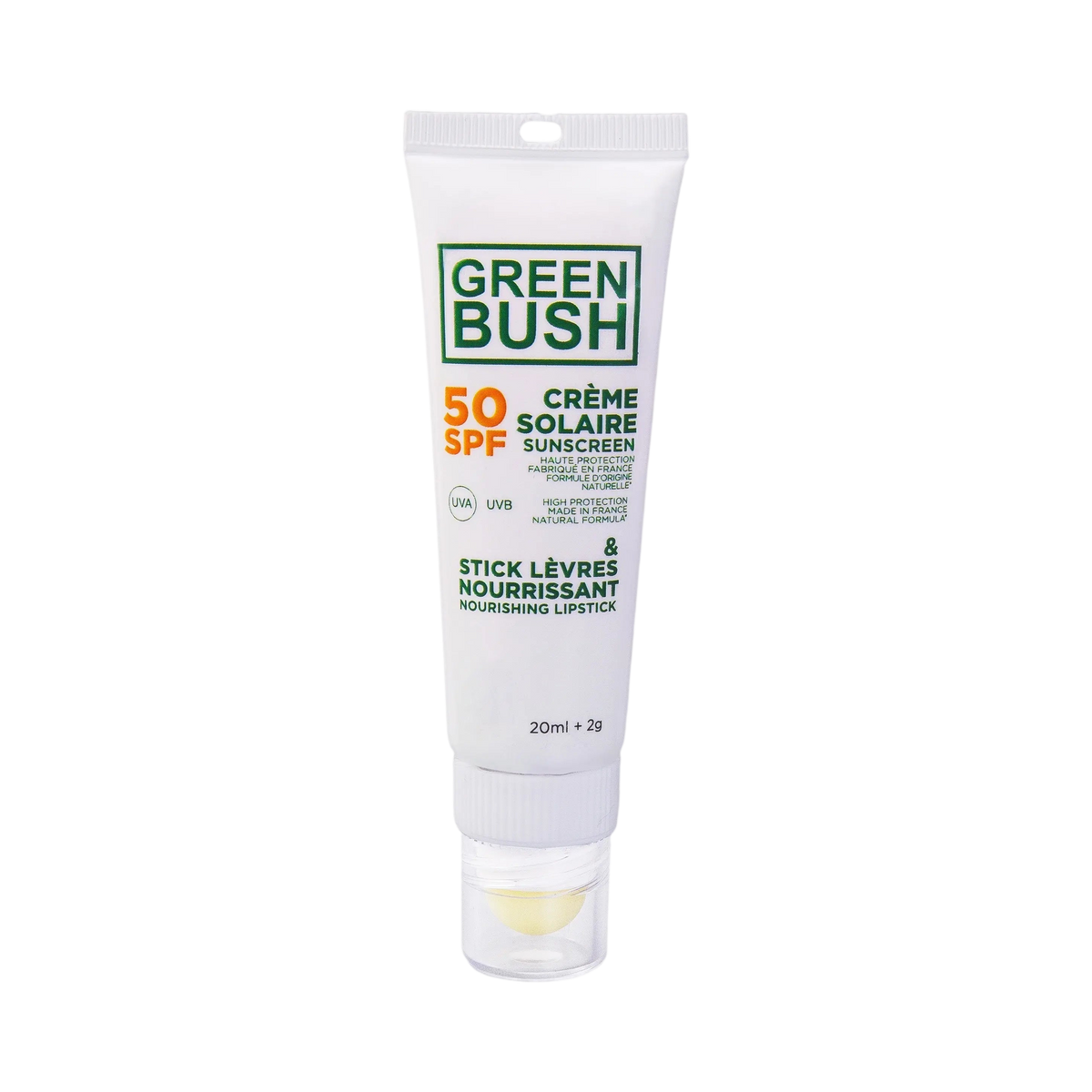 COMBI GREENBUSH : CREME SOLAIRE SPF50 20ML / STICK LEVRES NOURRISANT 2GR "BIO COSMOS" - photo 1
