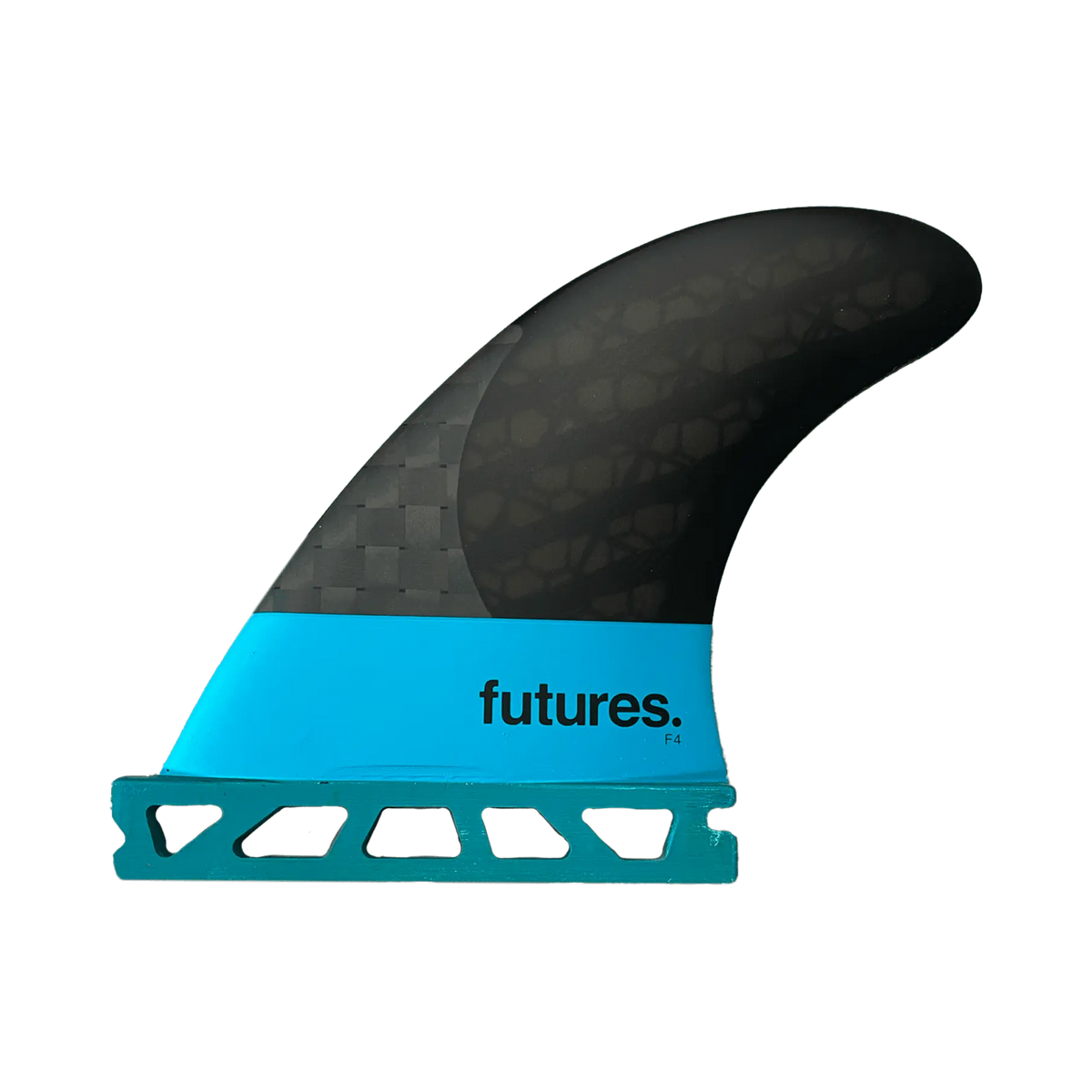 Shapers-Club- L'aileron de planche de surf Futures - F4 Blackstix 3.0 - Carbon présente une élégante palette de couleurs noire et turquoise. La partie inférieure est turquoise avec les inscriptions « Futures » et « F4 Blackstix », tandis que la partie supérieure est noire avec un motif en carbone texturé et comprend une base turquoise avec un design découpé complexe. -surfshop-surfboard