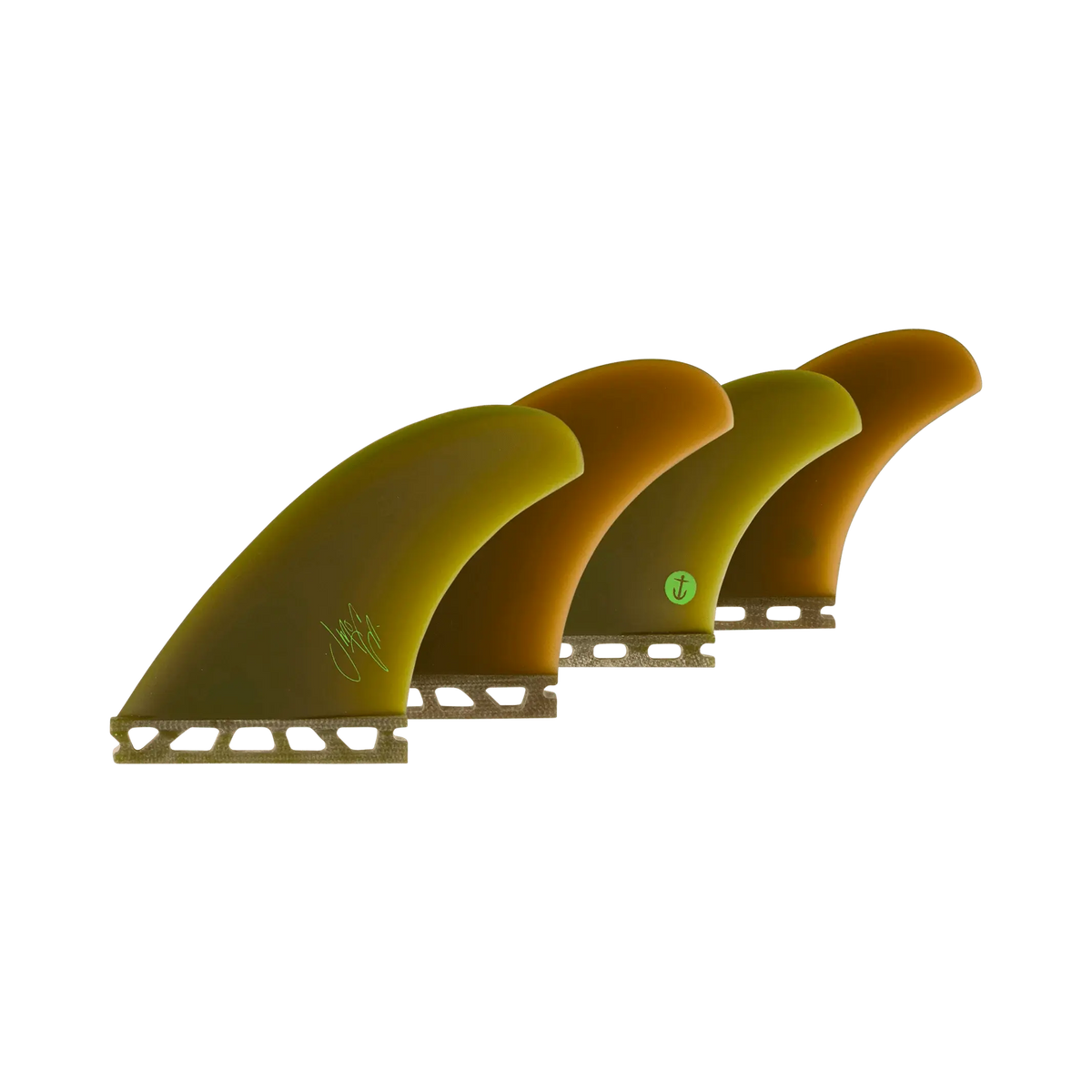 Shapers-Club- fins Three McCallum Raked QD surfboards (Single Tab) are presented side by side in graduated shades of brown and green. Each of them features a visible logo at the base, highlighting precise craftsmanship. The solid, unified base accentuates their unique patterns. -surfshop-surfboard