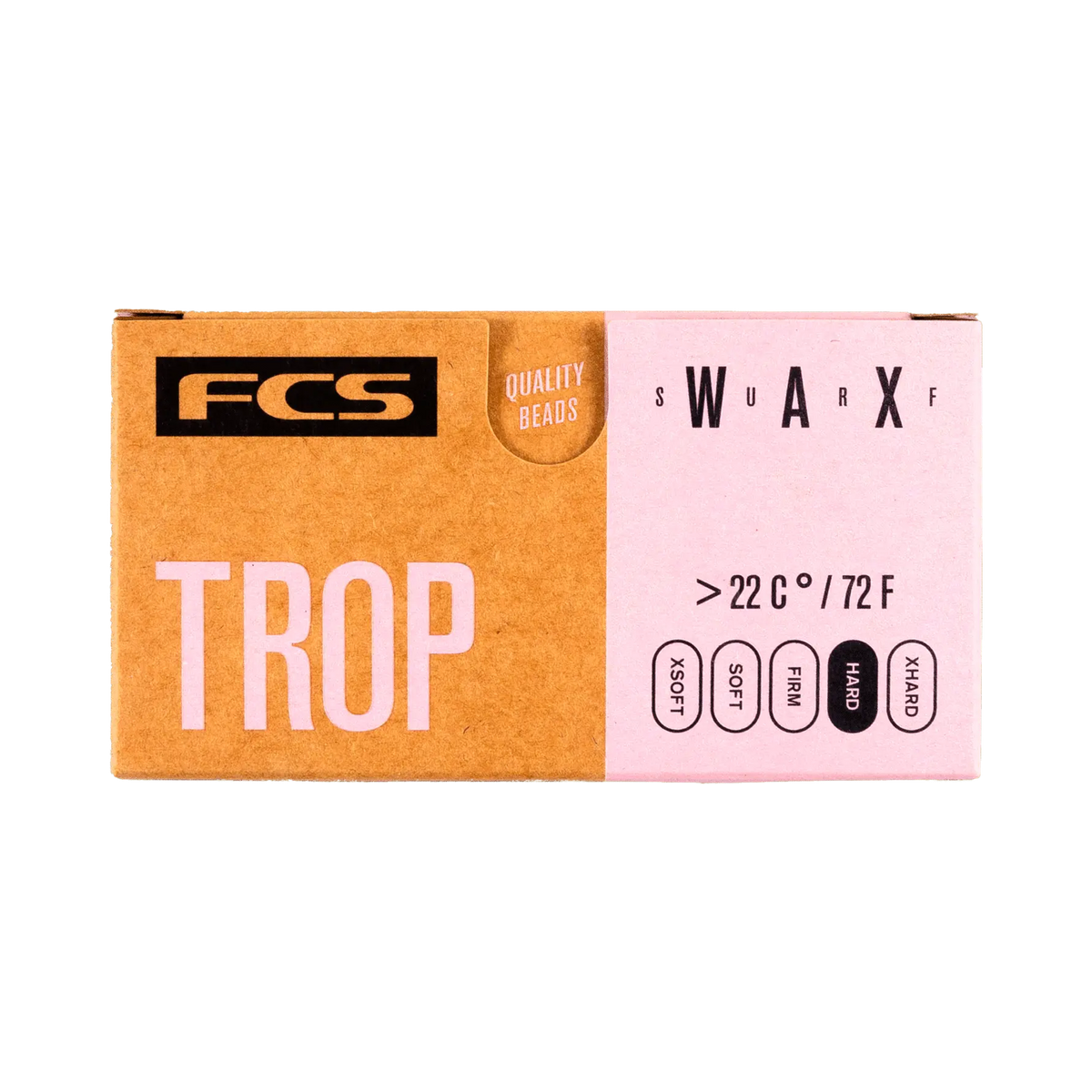 Shapers-Club- Un emballage rectangulaire beige et rose avec le logo FCS dans le coin supérieur gauche et « TROP » en grandes lettres blanches en dessous. Sur le côté droit, il affiche « S U W A R X F », des informations sur la température (> 22 °C / 72 °F) et des termes tels que « SOFT », « MINI », « MILD », « MID » et « CHUNKY ». C'est le FCS - Wax - Trop parfait pour les eaux chaudes. -surfshop-surfboard