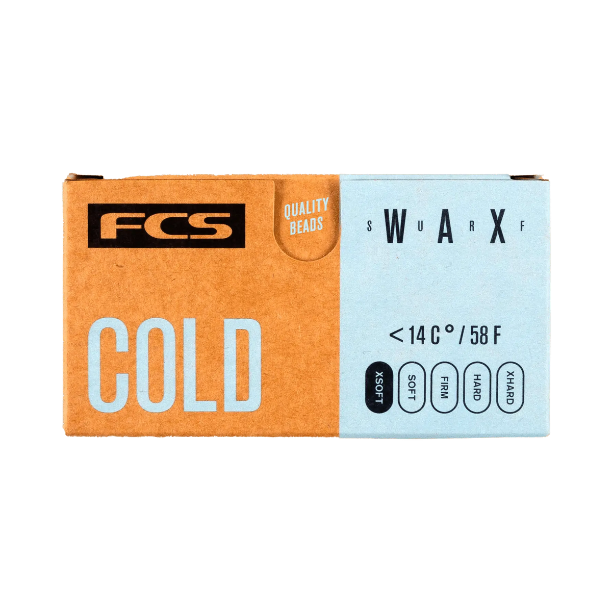Shapers-Club- Une boîte rectangulaire de FCS - Cire - Froide étiquetée « FROID » en grandes lettres blanches sur fond bleu clair et marron. La boîte indique qu'elle convient aux températures inférieures à 14°C ou 58°F et comporte les mots « PERLES DE QUALITÉ » et « SWARXF ». -surfshop-surfboard
