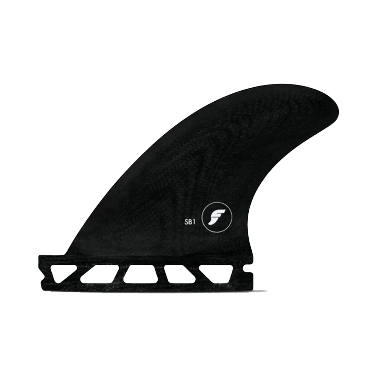 Shapers-Club- Un aileron de planche de surf Futures - Sidebites - FiberGlass au design élégant et incurvé de couleur noire, marqué de l'étiquette « SB1 » et d'un logo « F » stylisé près de sa base. Cet aileron présente une structure en treillis au bas où il se fixe à la planche de surf. -surfshop-surfboard