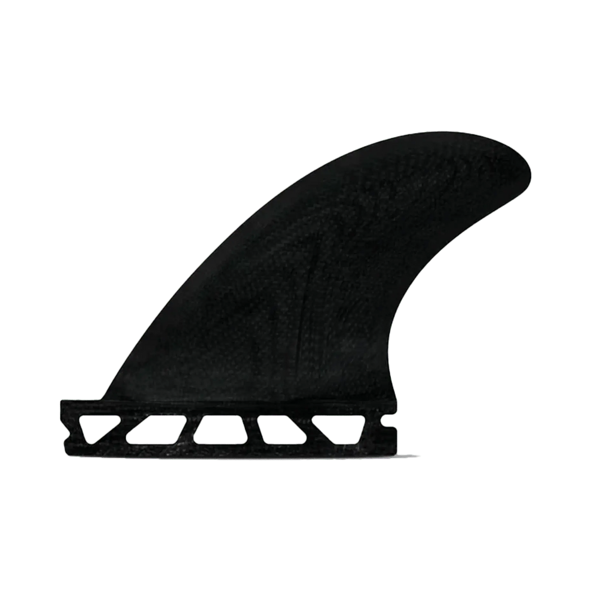 Shapers-Club- Un aileron Futures - Sidebites - FiberGlass unique, avec une finition noire élégante et un design texturé, est présenté sur un fond vert simple. Fabriqué en fibre de verre durable, cet aileron présente une forme triangulaire légèrement incurvée et comprend une base spécialement conçue pour être fixée aux sidebites Futures de votre planche de surf. -surfshop-surfboard