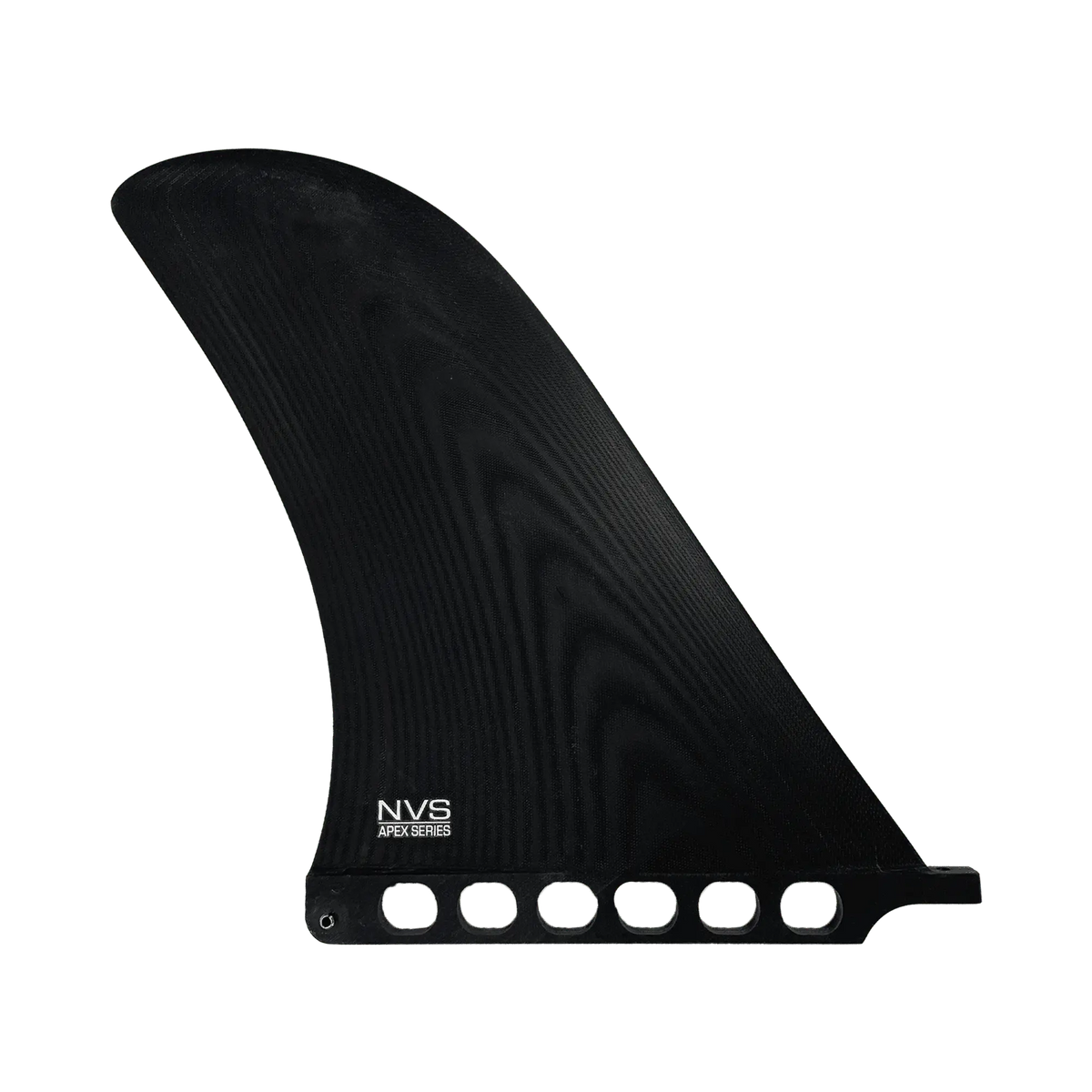 Shapers-Club- L'aileron simple Roger Hinds - Apex - 10,5" de la série NVS Apex est un aileron de planche de surf noir au design incurvé et élégant. Il comporte six trous circulaires près de la base pour le montage et présente une texture subtile avec le nom de la marque imprimé en blanc près de la base. Le fond est transparent, mettant en valeur un savoir-faire rappelant Roger Hinds. -surfshop-surfboard