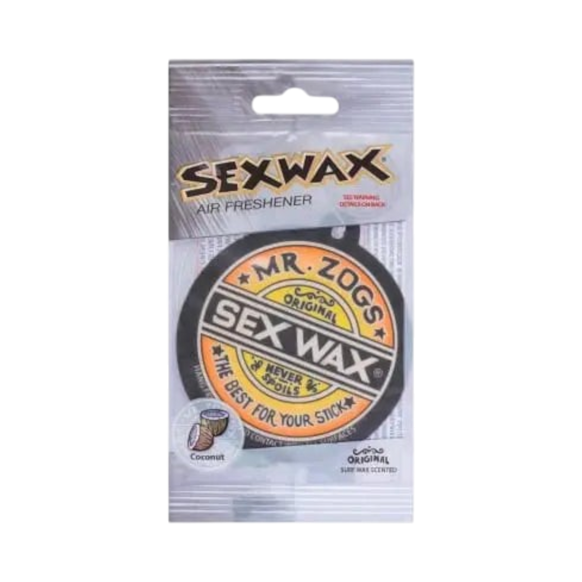 Shapers-Club- Paquet de Sex Wax - Désodorisant au parfum de noix de coco. Le désodorisant circulaire présente un design orange, jaune et noir avec les phrases « Mr. Zog's Sex Wax », « Original » et « The Best for Your Stick ». L'emballage en plastique transparent est livré avec une languette de suspension pratique. -surfshop-surfboard