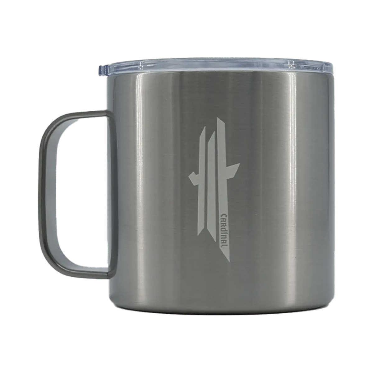 Shapers-Club- Les mugs isothermes Shapersclub Cardinal (trident) beige présentent un design élégant et minimaliste avec un logo vertical sur son corps en acier inoxydable et sont livrés avec un couvercle et une poignée transparents, parfaits pour tout amateur de plein air. -surfshop-surfboard