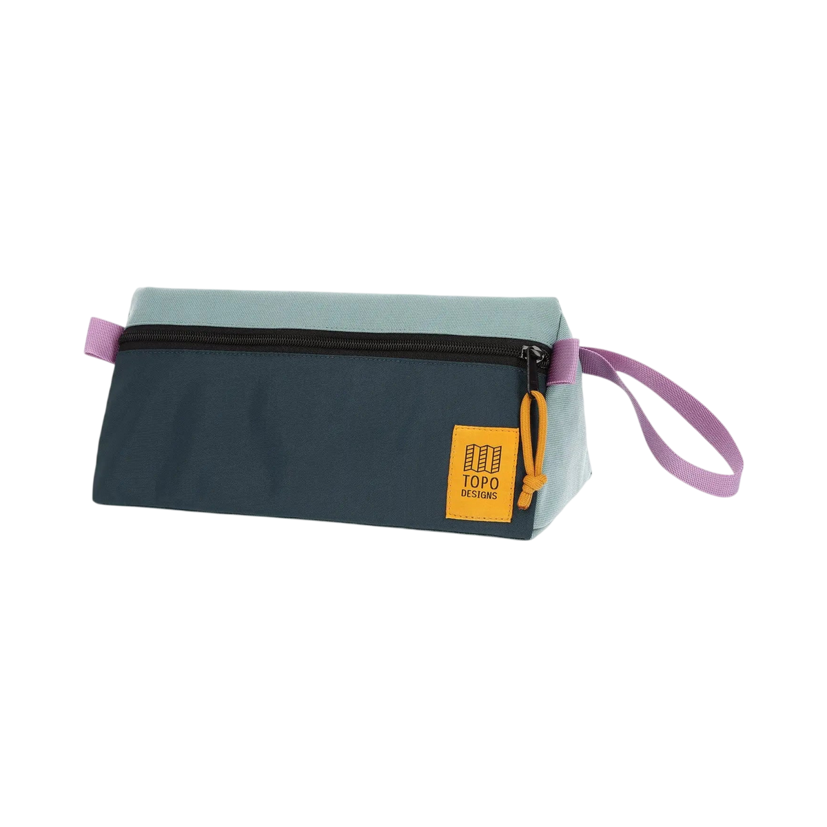 Shapers-Club- The TOPO toiletry bag in sage and pond blue is an elegant rectangular zippered pouch featuring a two-tone color palette, with a light blue top half and a dark navy bottom half. It features a black zipper closure, a purple loop handle, and a yellow square patch with the "TOPO" logo in a corner. -surfshop-surfboard