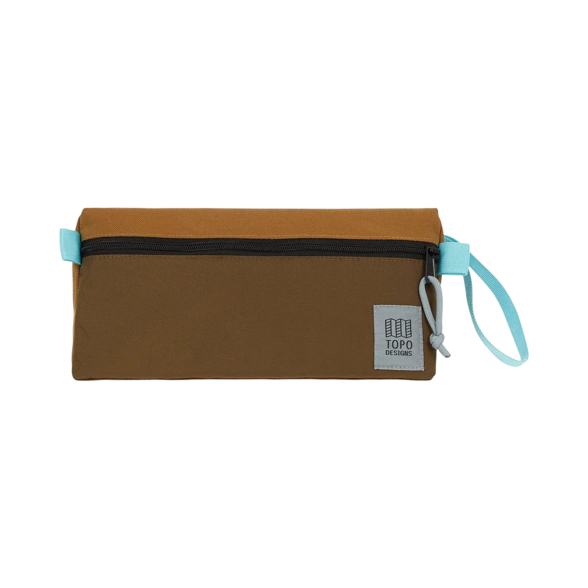 Shapers-Club- The TOPO toiletry kit in Desert Palm / Pond Blue is a rectangular bag with a zipper on the top. The top is light brown and the bottom is dark brown. It features a Pond Blue drawstring on the right side and a fabric label stating "TOPO DESIGNS" in the lower right corner. -surfshop-surfboard