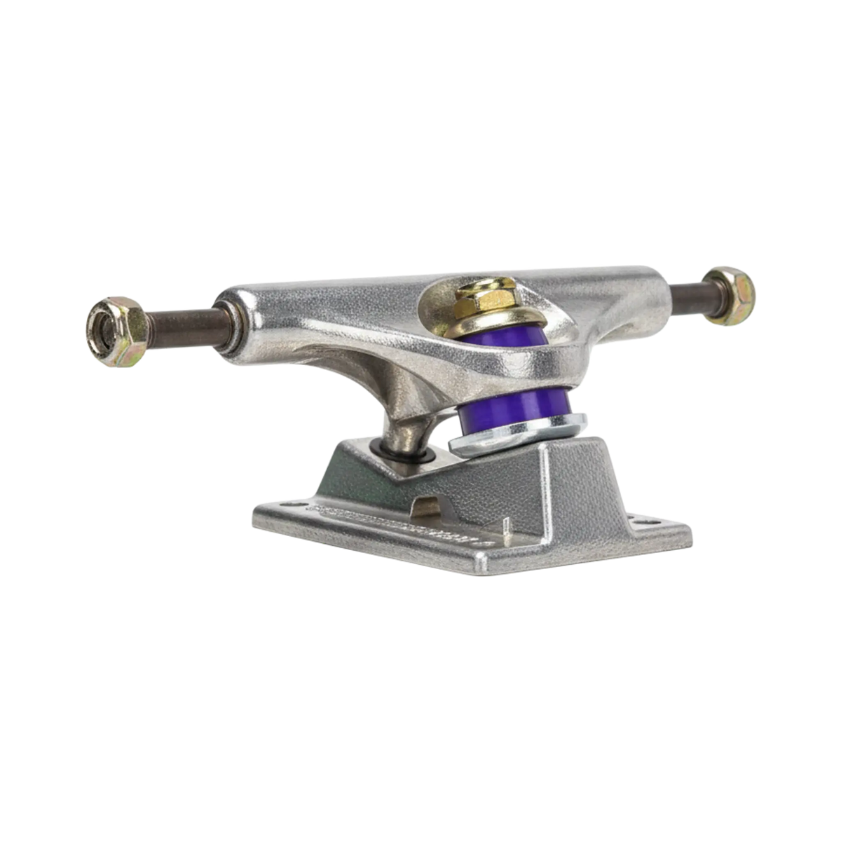 Truck de skateboard Venture 129mm en métal argenté avec gommes violettes, disponible chez Surfshop - Shapers Club House