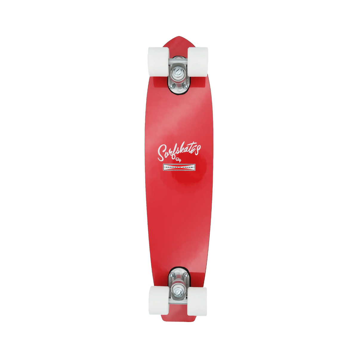 Shapers-Club- The Gordon & Smith - 25" SurfSkate complete in Cherry Red is equipped with white wheels and a striking white "Surfkates" logo, capturing a retro, elegant and minimalist cruiser style reminiscent of classic designs. -surfshop-surfboard